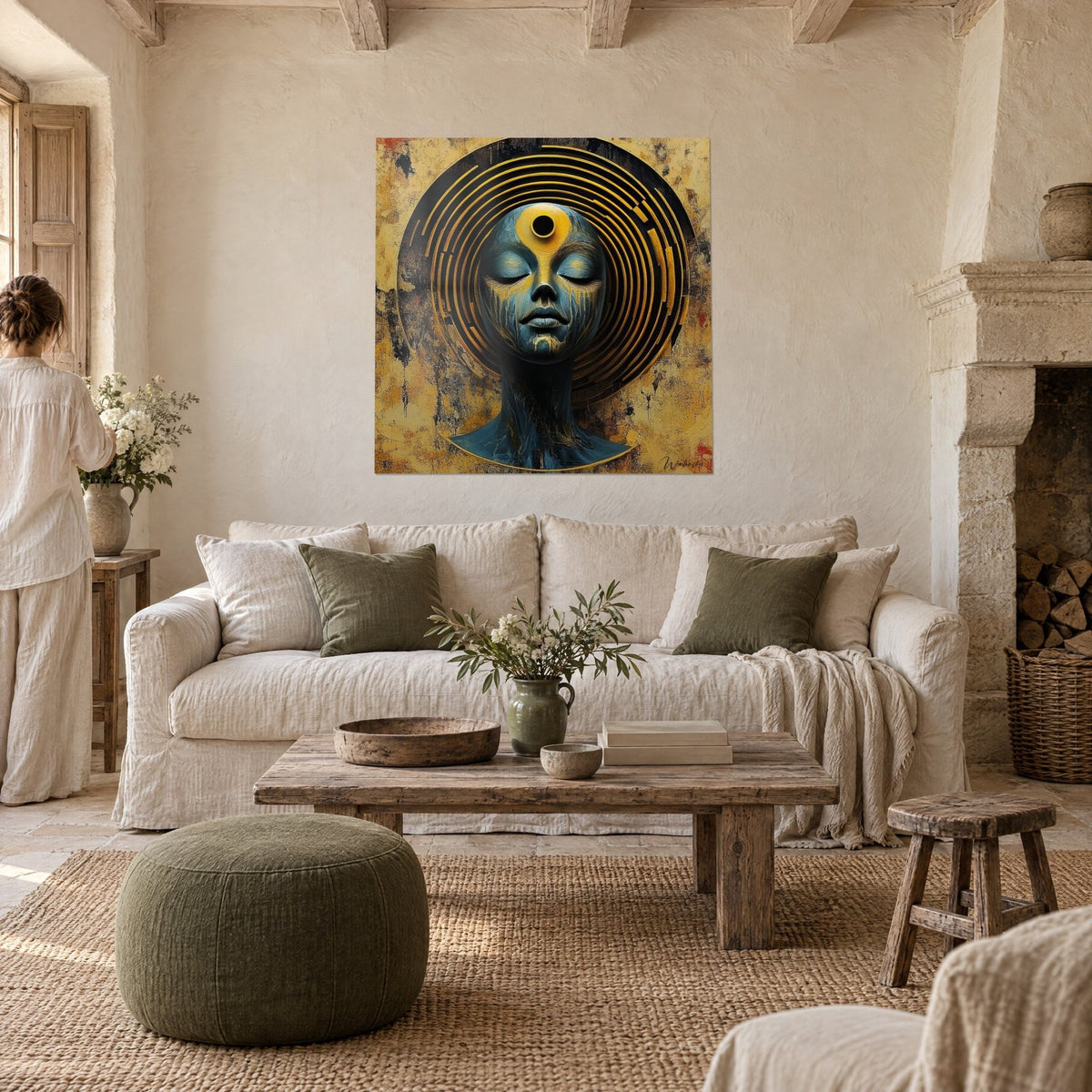 Cuadro rostro místico de párpados cerrados, ocre dorado y azul noche, tercer ojo amarillo, encima de un sofá en un salón luminoso