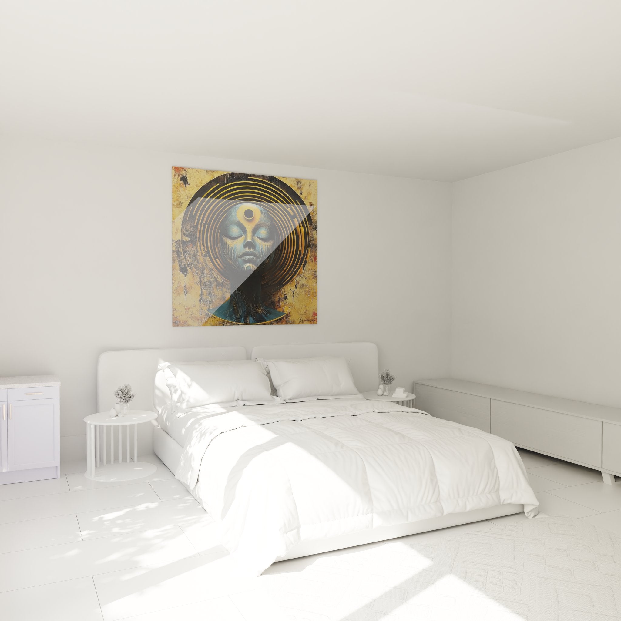Ambiance chambre avec tableau visage mystique troisième œil décoration murale zen spirituelle