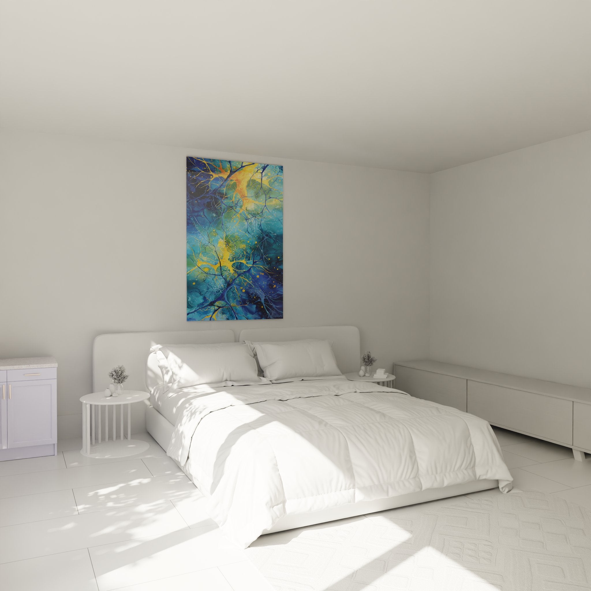 Ambiance chambre avec tableau neuronal doré et bleu créant atmosphère moderne et intellectuelle