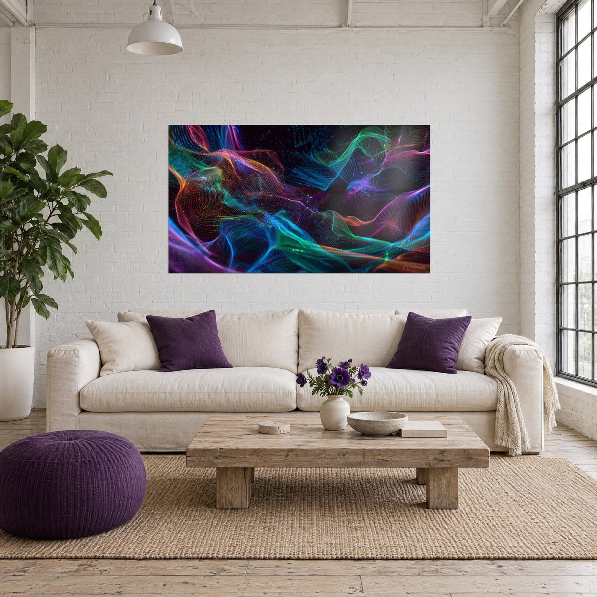 Cuadro con ondas de luz verdes y violetas sobre fondo negro, filamentos de puntos centelleantes, sobre un sofá en un salón luminoso