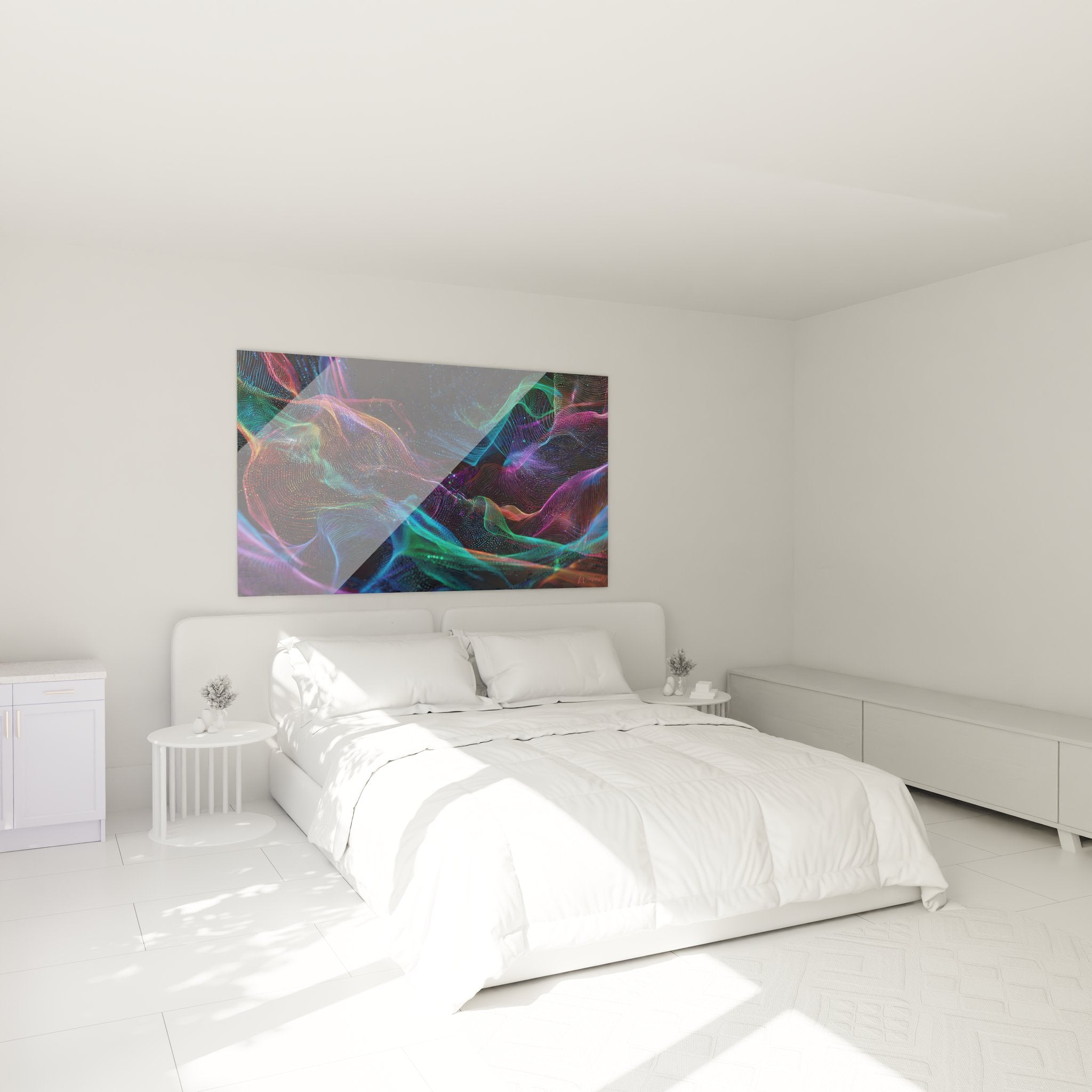 Ambiance chambre avec tableau ondes énergétiques futuristes décoration murale moderne