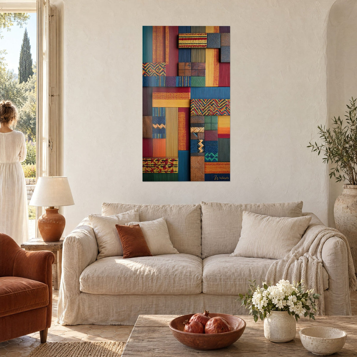 Tableau patchwork de tissus africains rouge carmin et bleu indigo aux zigzags dorés, au-dessus d'un canapé dans un salon lumineux