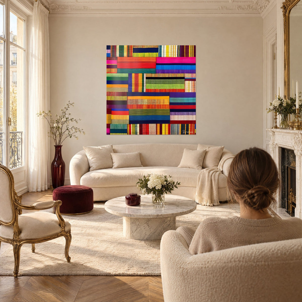 Tableau patchwork de tissu kenté en bandes rouge vif, bleu roi et jaune, regardé par une femme au-dessus d'un canapé dans un salon lumineux