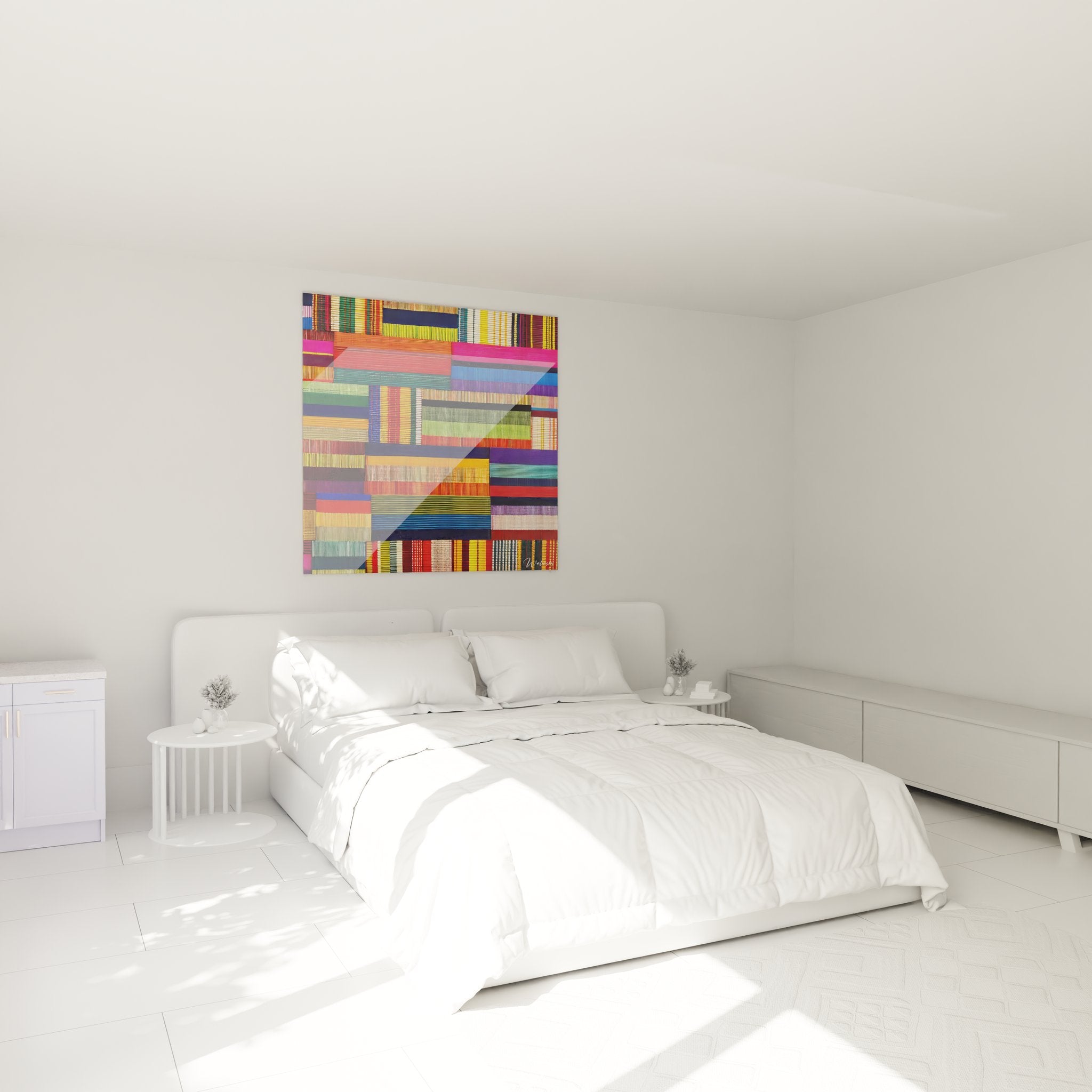 Ambiance chambre avec tableau patchwork textile africain déco murale ethnique colorée moderne