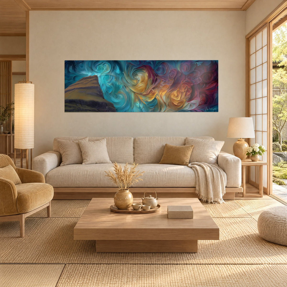 Tableau ciel en tourbillons turquoise et ocre dorée, falaise brune à gauche, au-dessus d'un canapé dans un salon lumineux
