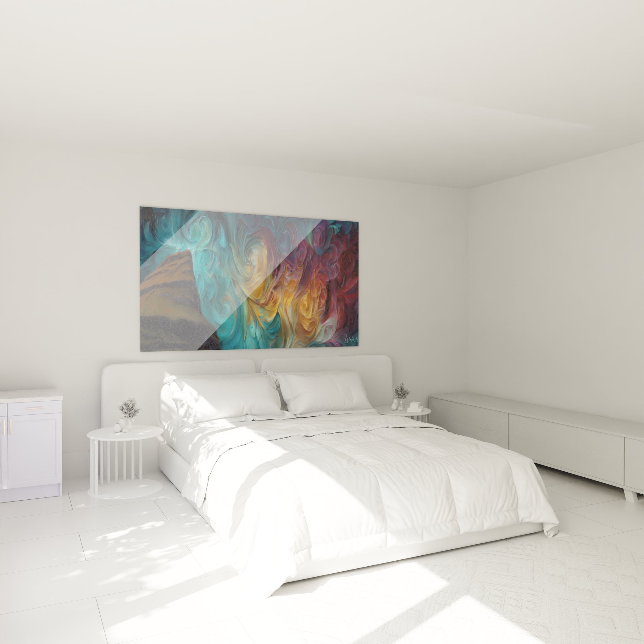 Ambiance chambre avec tableau paysage côtier tempête, décoration murale moderne archipel coloré sur mur blanc