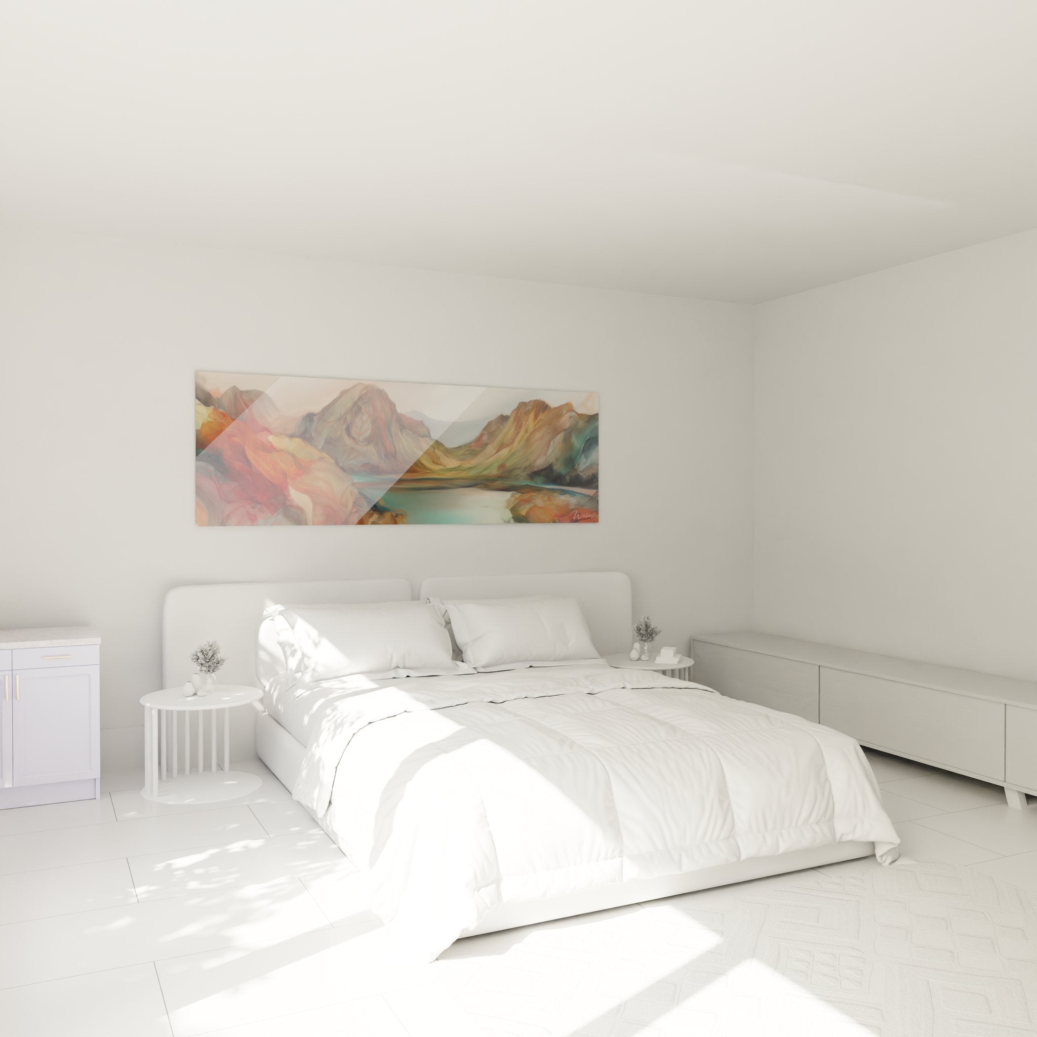 Ambiance chambre avec tableau paysage montagneux coloré accroché au mur décoration murale moderne nature