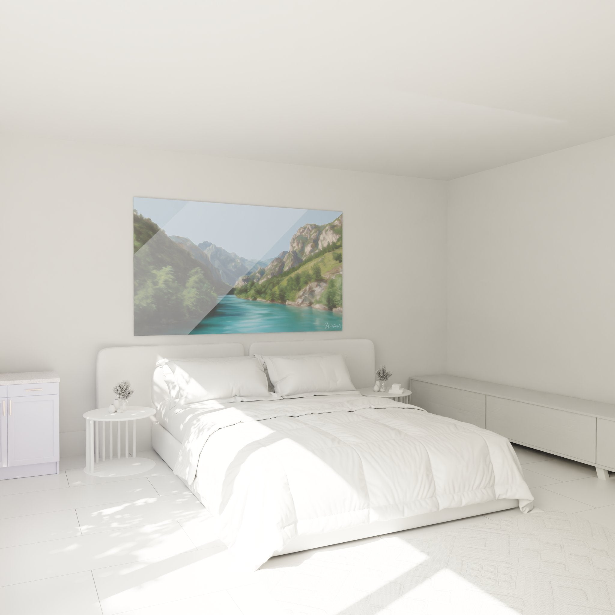 Ambiance chambre avec tableau paysage alpin rivière turquoise créant atmosphère apaisante et naturelle