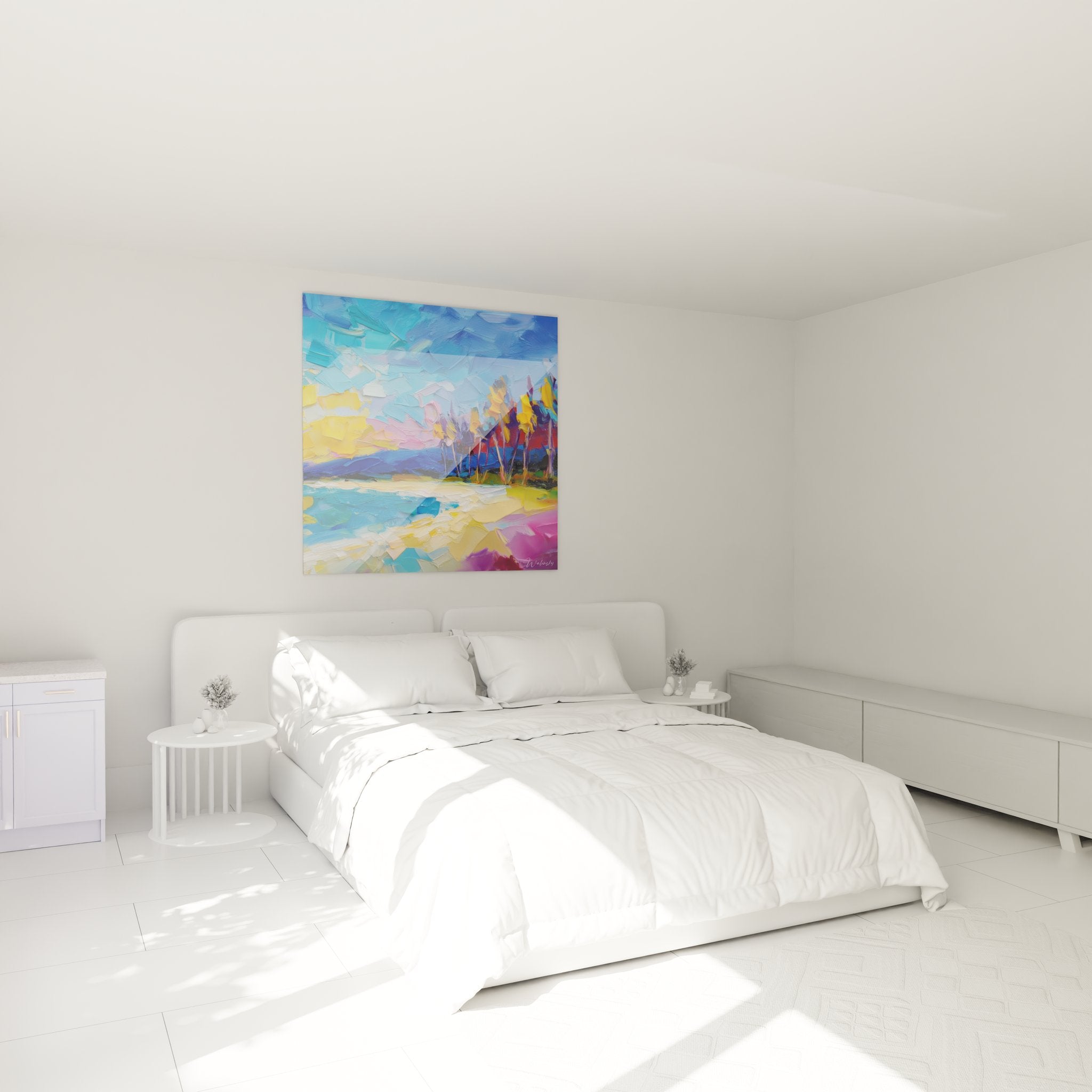 Ambiance chambre avec tableau plage tropicale aux palmiers, décoration murale moderne