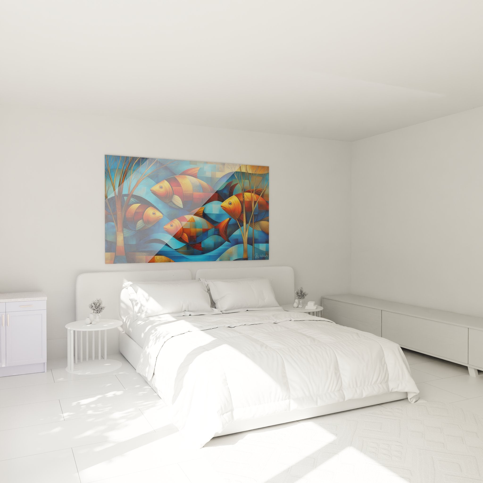 Ambiance chambre avec tableau décoratif poissons géométriques art mural fonds marins moderne