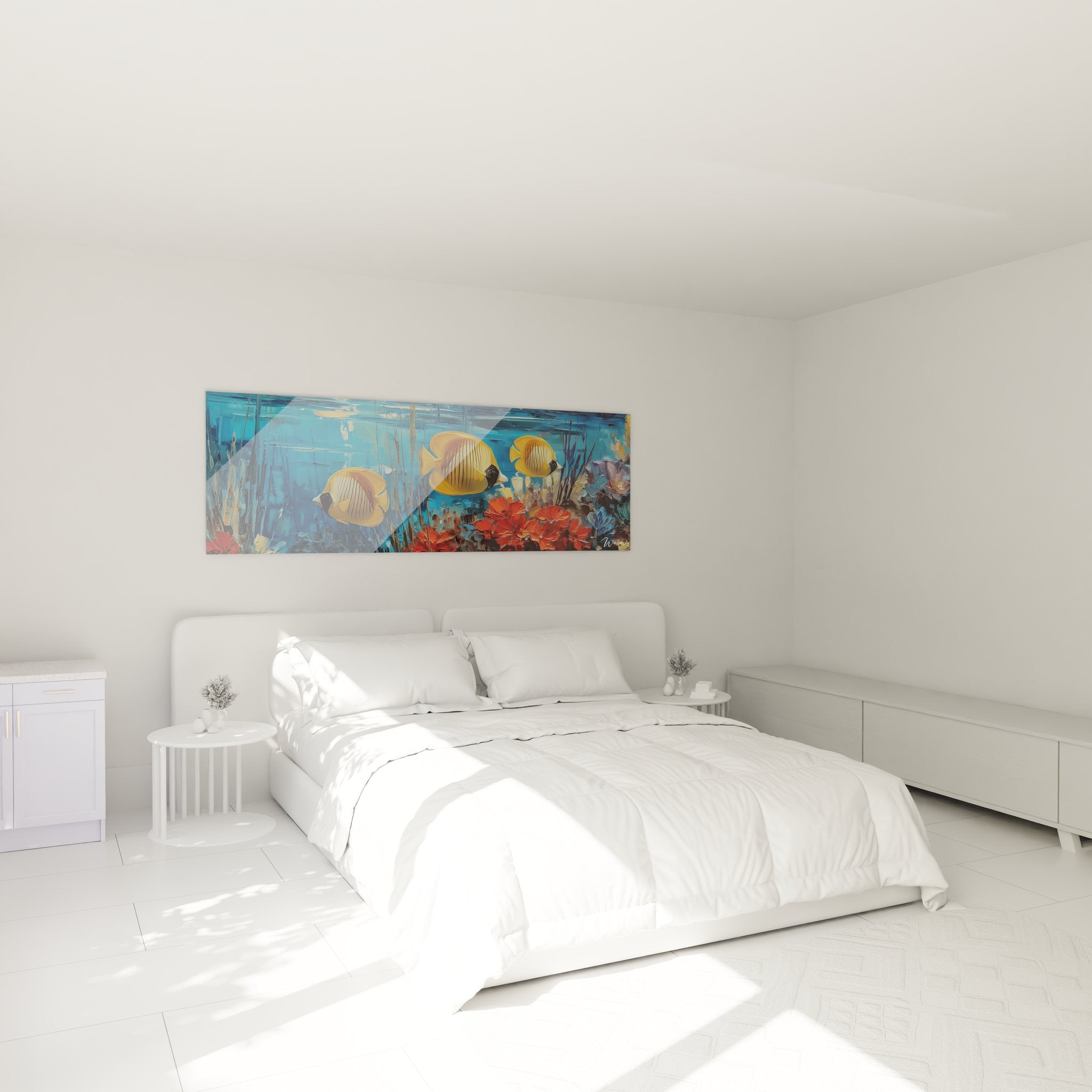 Ambiance chambre avec tableau poissons tropicaux jaunes décoration murale aquatique élégante