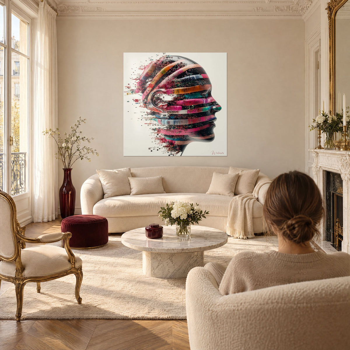 Schilderij hoofdprofiel in fuchsiaroze en oranje strepen, verspreide pixels naar links, boven een bank in een lichte woonkamer
