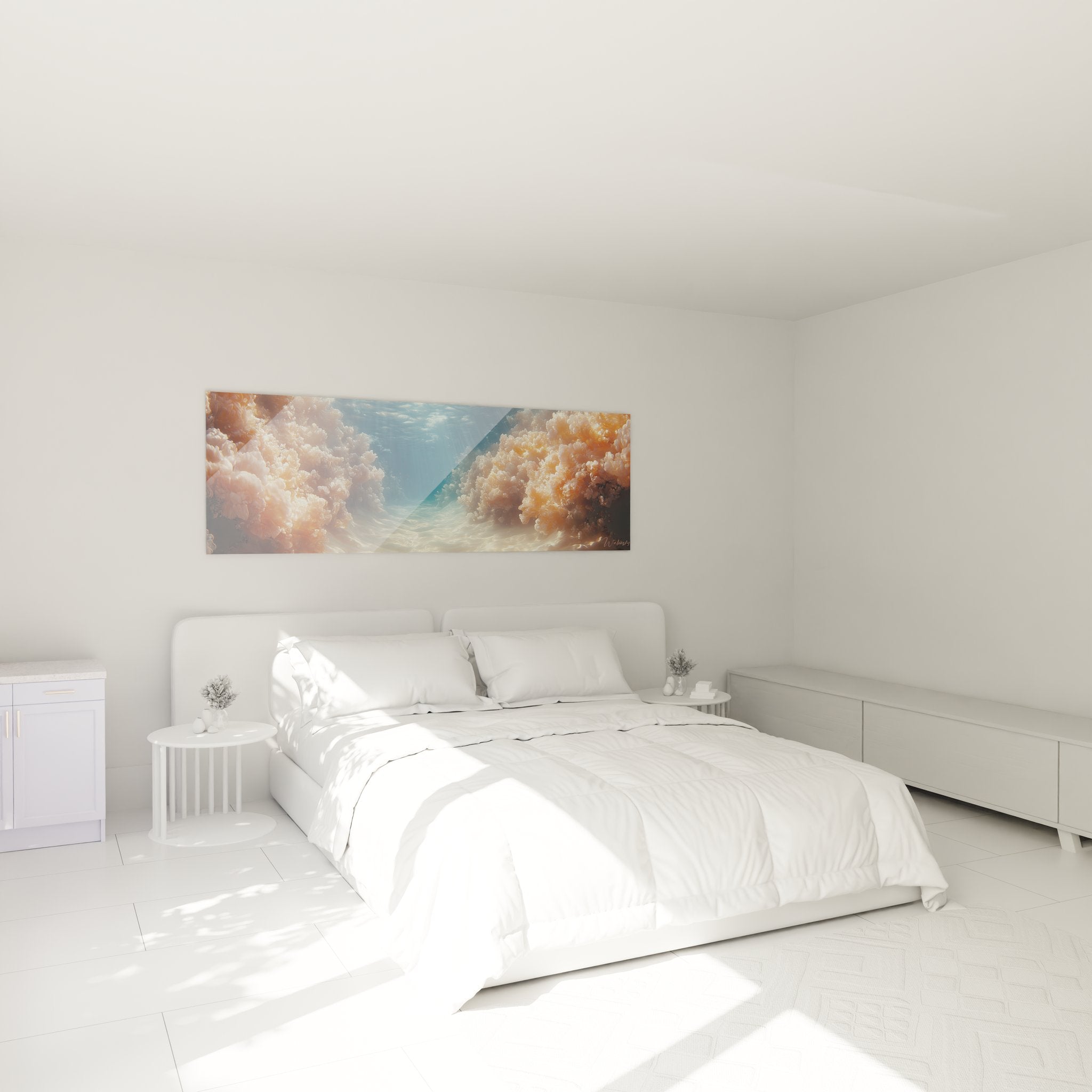 Ambiance chambre avec tableau récif corallien panoramique, décoration marine élégante murale