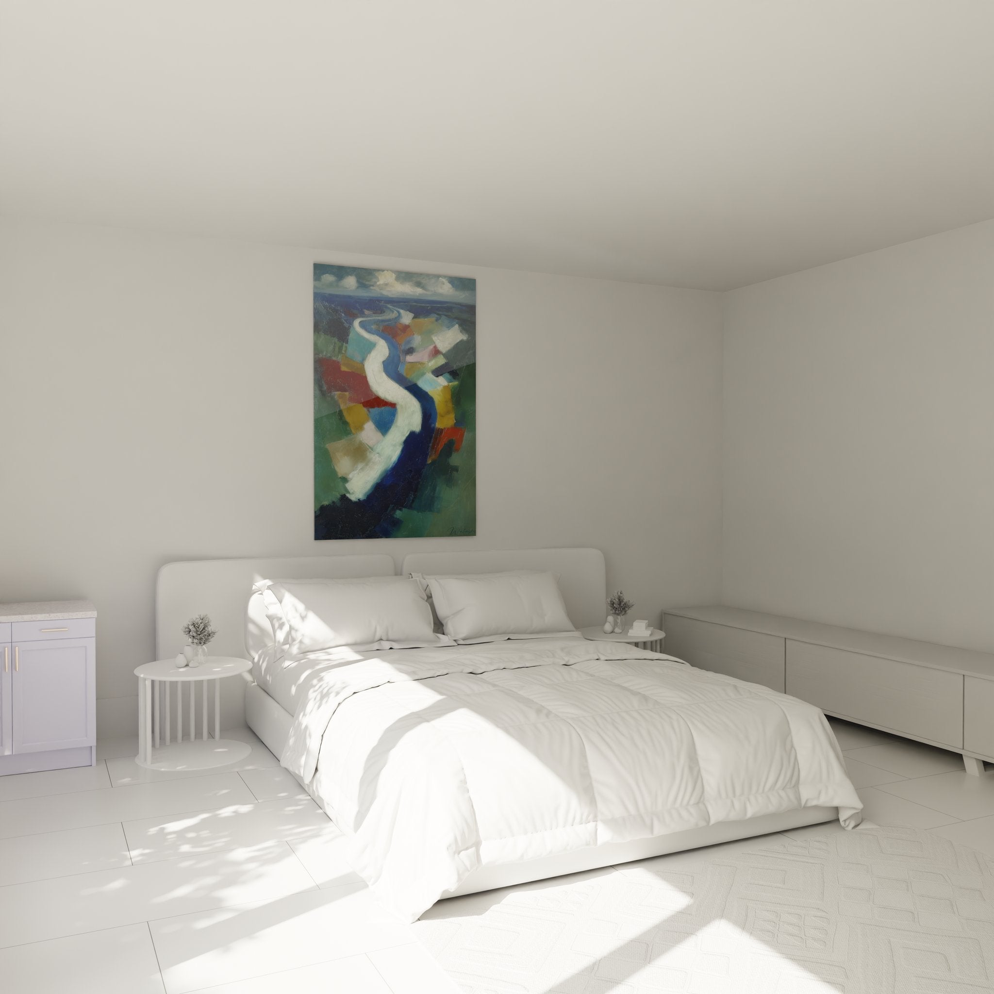 Ambiance chambre avec tableau rivière abstraite colorée décorant mur au-dessus du lit