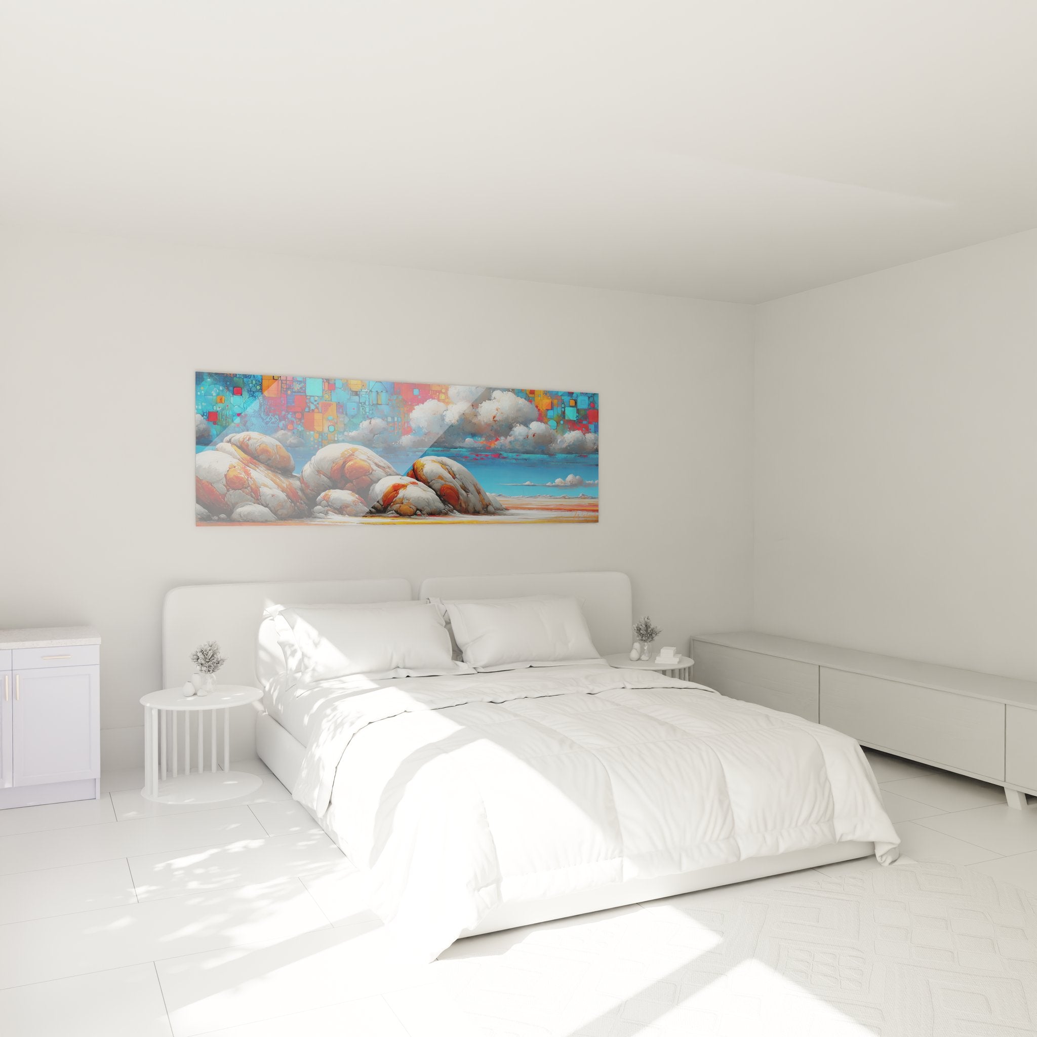 Ambiance chambre avec tableau rochers côtiers abstraits aux effets pixellisés, décoration murale moderne