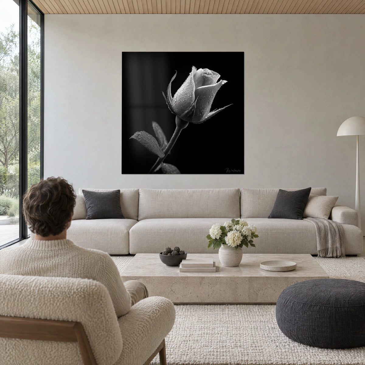 Tableau bouton de rose givré de gouttelettes, gris argenté sur fond noir, homme de dos, au-dessus d'un canapé dans un salon lumineux