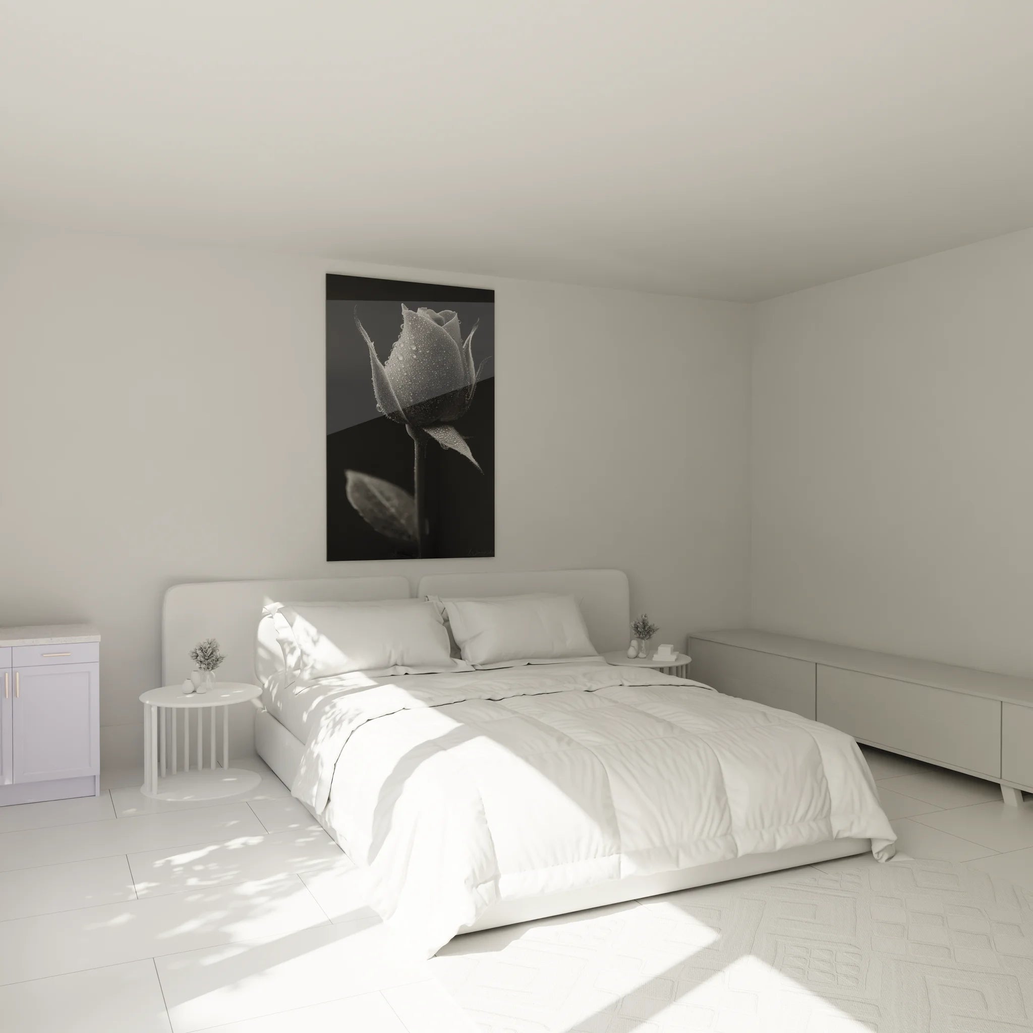 Ambiance chambre avec tableau rose romantique noir blanc au dessus du lit