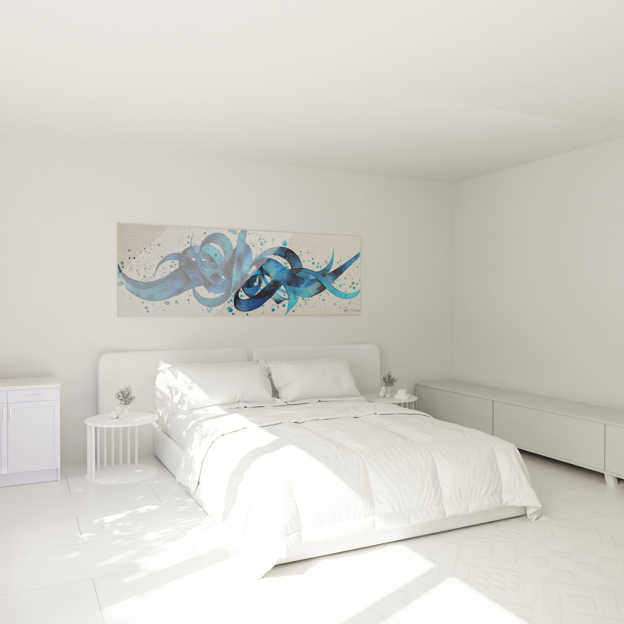 Ambiance chambre avec tableau rubans fluides bleus, décoration murale abstraite moderne et apaisante
