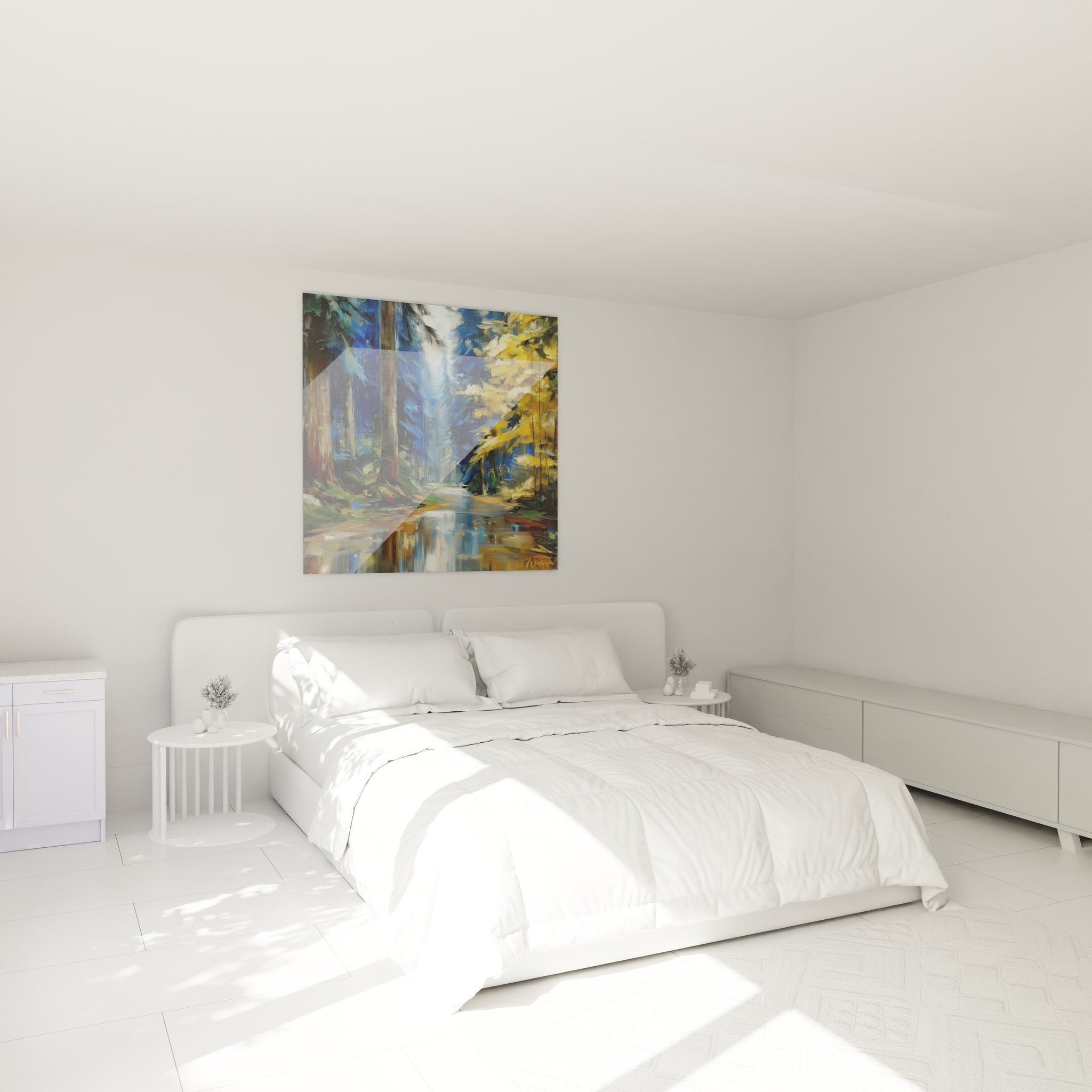 Ambiance chambre avec tableau ruisseau forêt aux reflets dorés, décoration murale nature apaisante