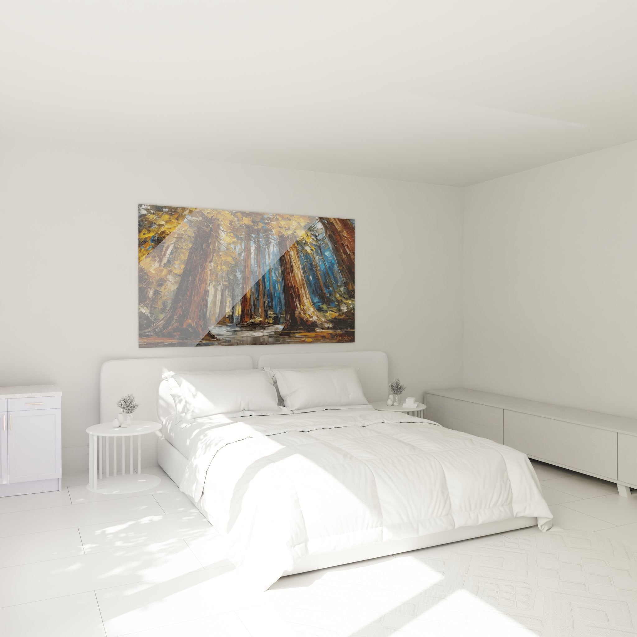 Ambiance chambre avec tableau séquoias géants art mural forêt couleurs chaudes décoration
