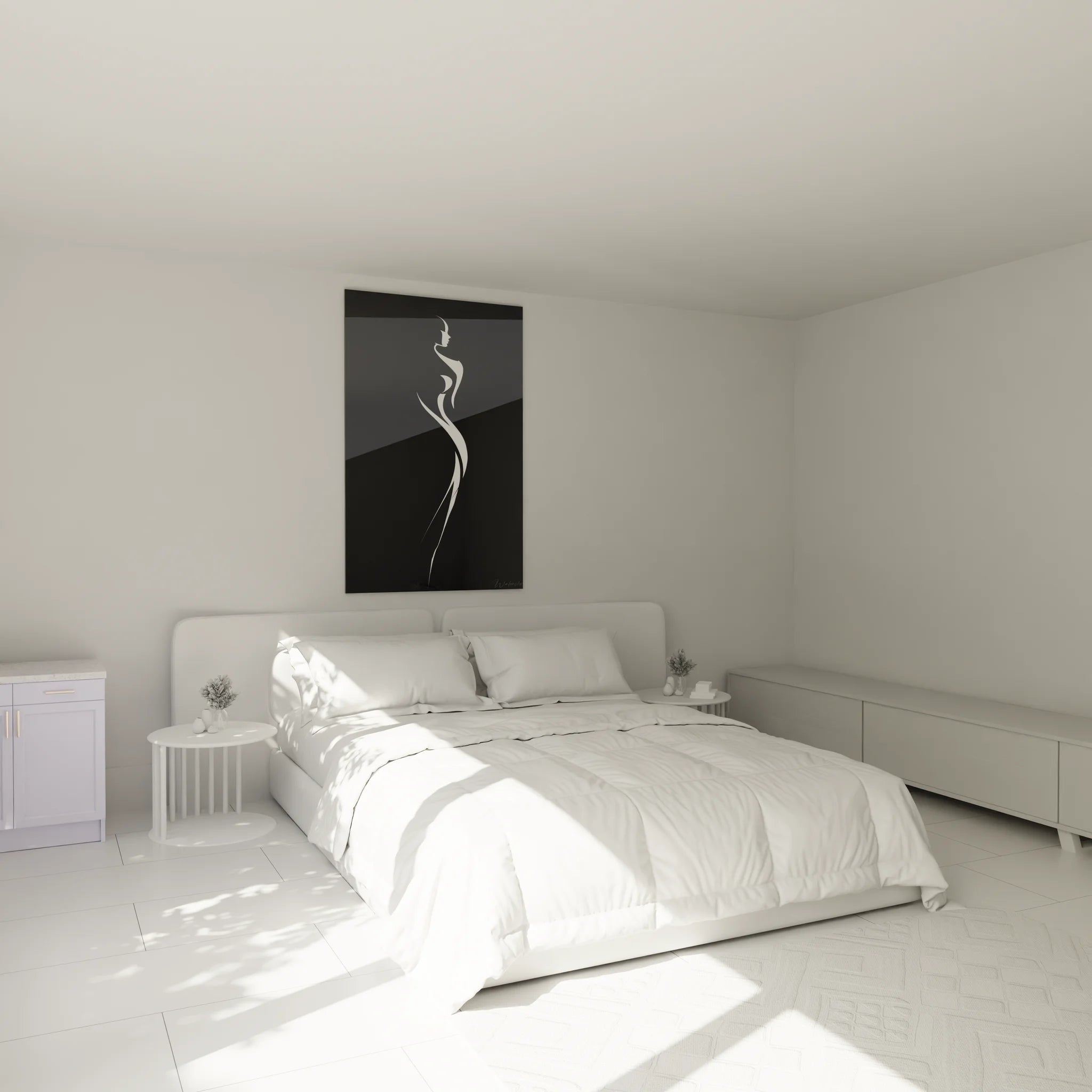 Ambiance chambre avec tableau silhouette femme noir blanc décoration moderne