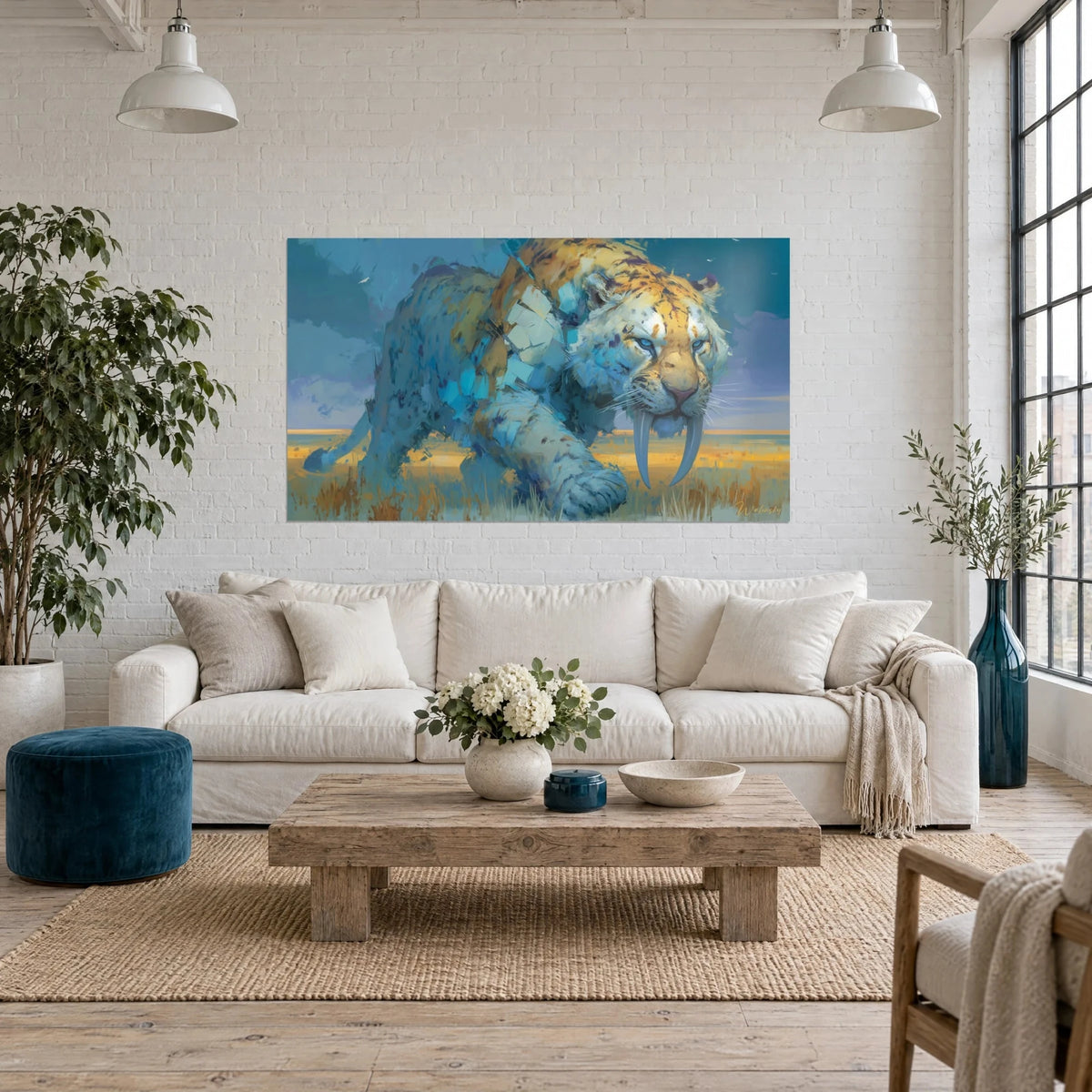 Tableau smilodon aux crocs d'ivoire, pelage bleu turquoise et ocre doré sur plaine jaune, au-dessus d'un canapé dans un salon lumineux