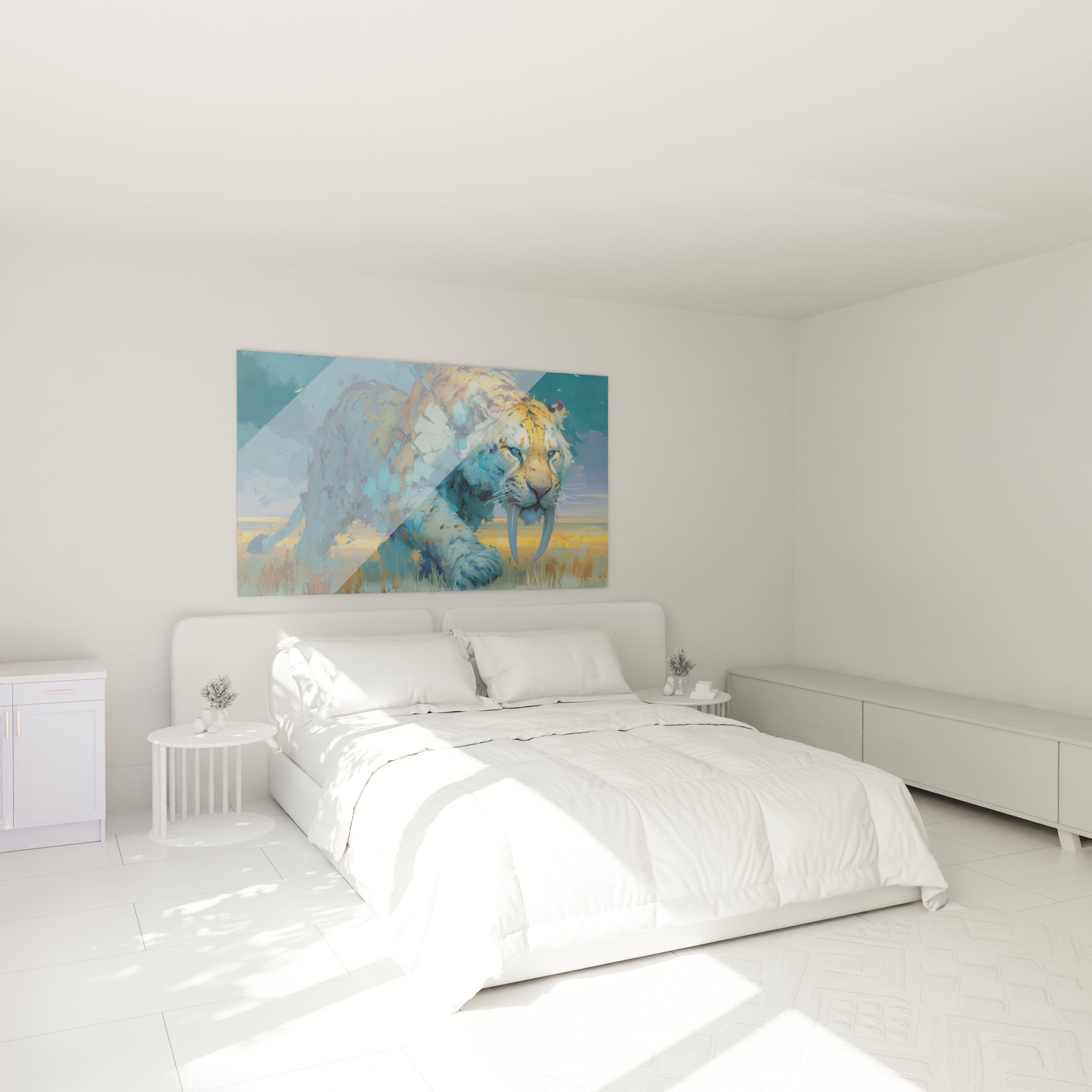 Ambiance chambre avec tableau smilodon, décoration murale tigre préhistorique, art mural bleu doré