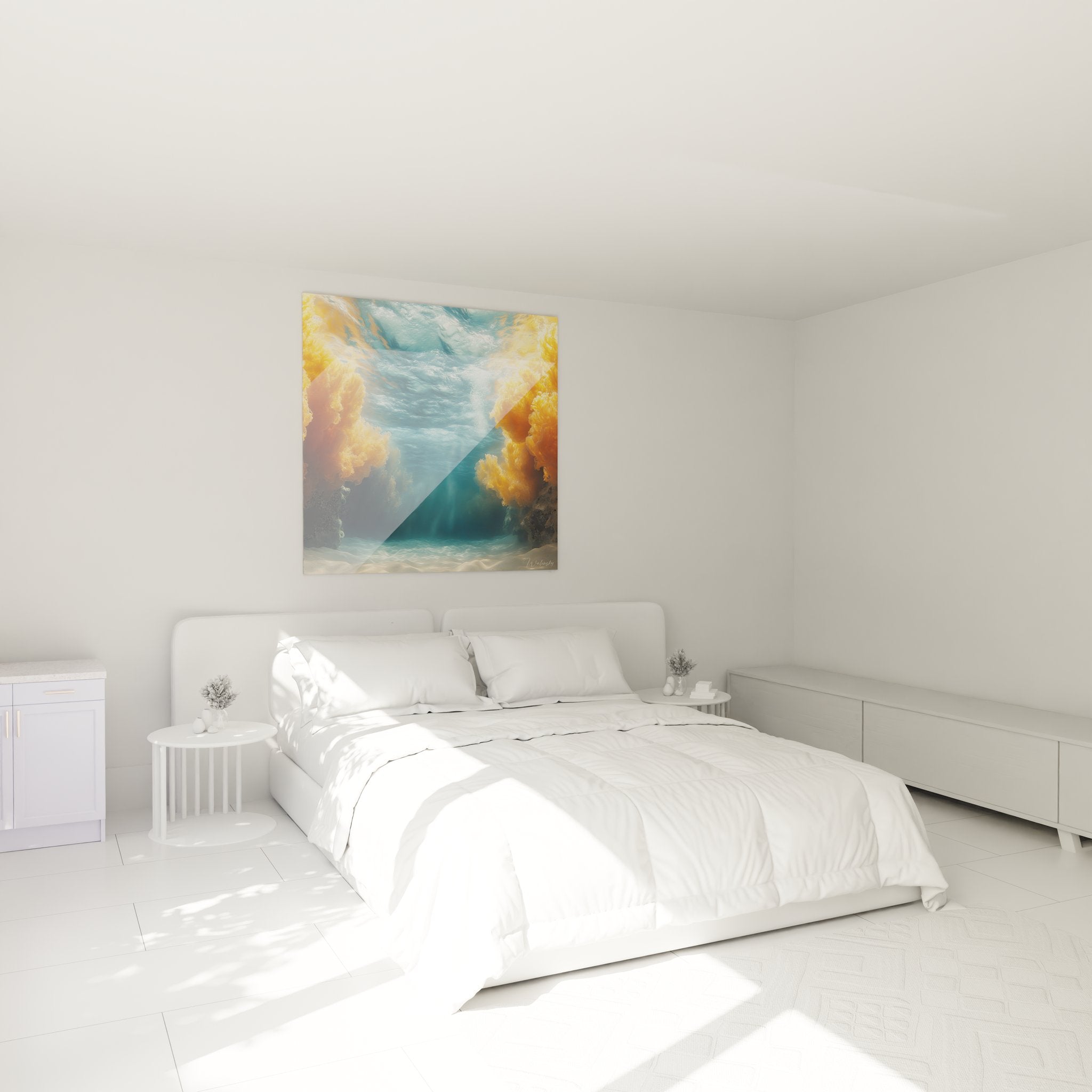 Ambiance chambre avec tableau art sous-marin aux tons dorés et bleus pour décoration murale moderne