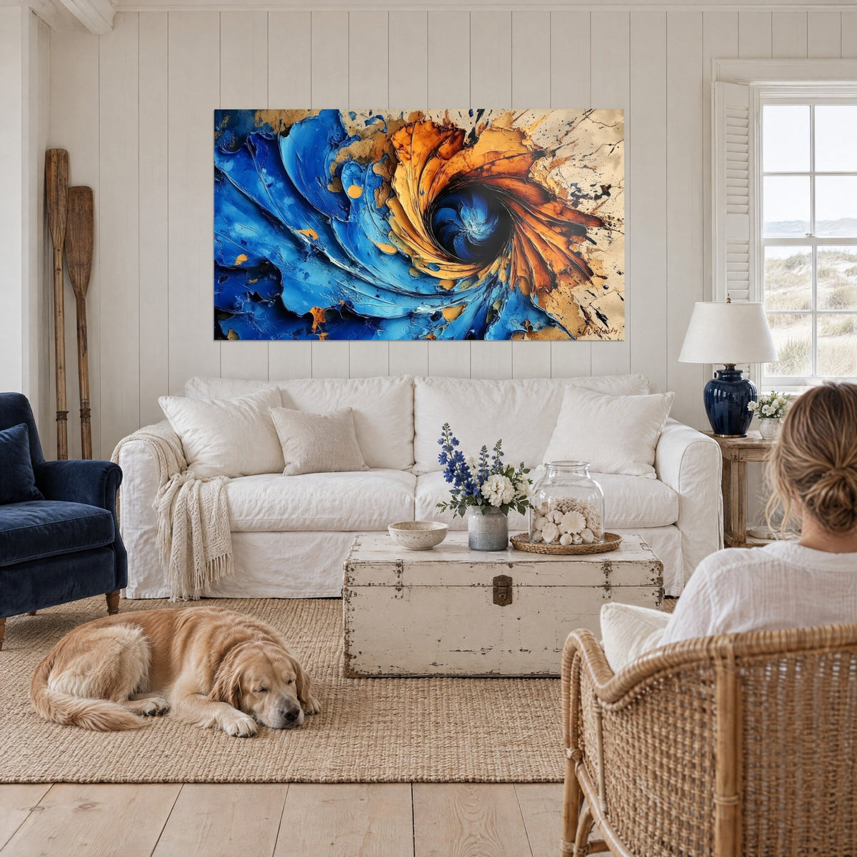 Wall art Cosmic spiral in cobalt blue and gilded ochre, thick palette-knife vortex, reclining retriever, above a sofa in a bright living room