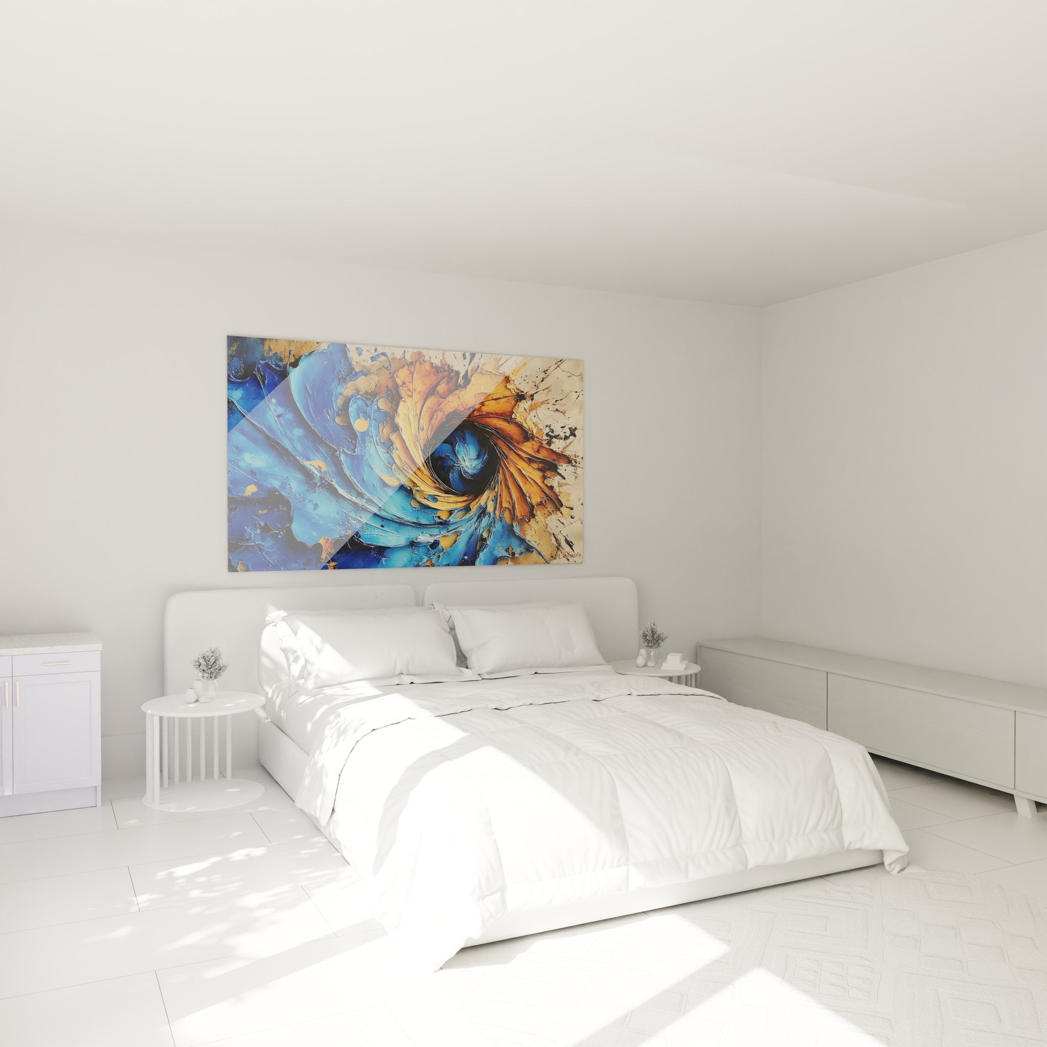 Ambiance chambre avec tableau spirale abstraite bleue - décoration murale moderne élégante