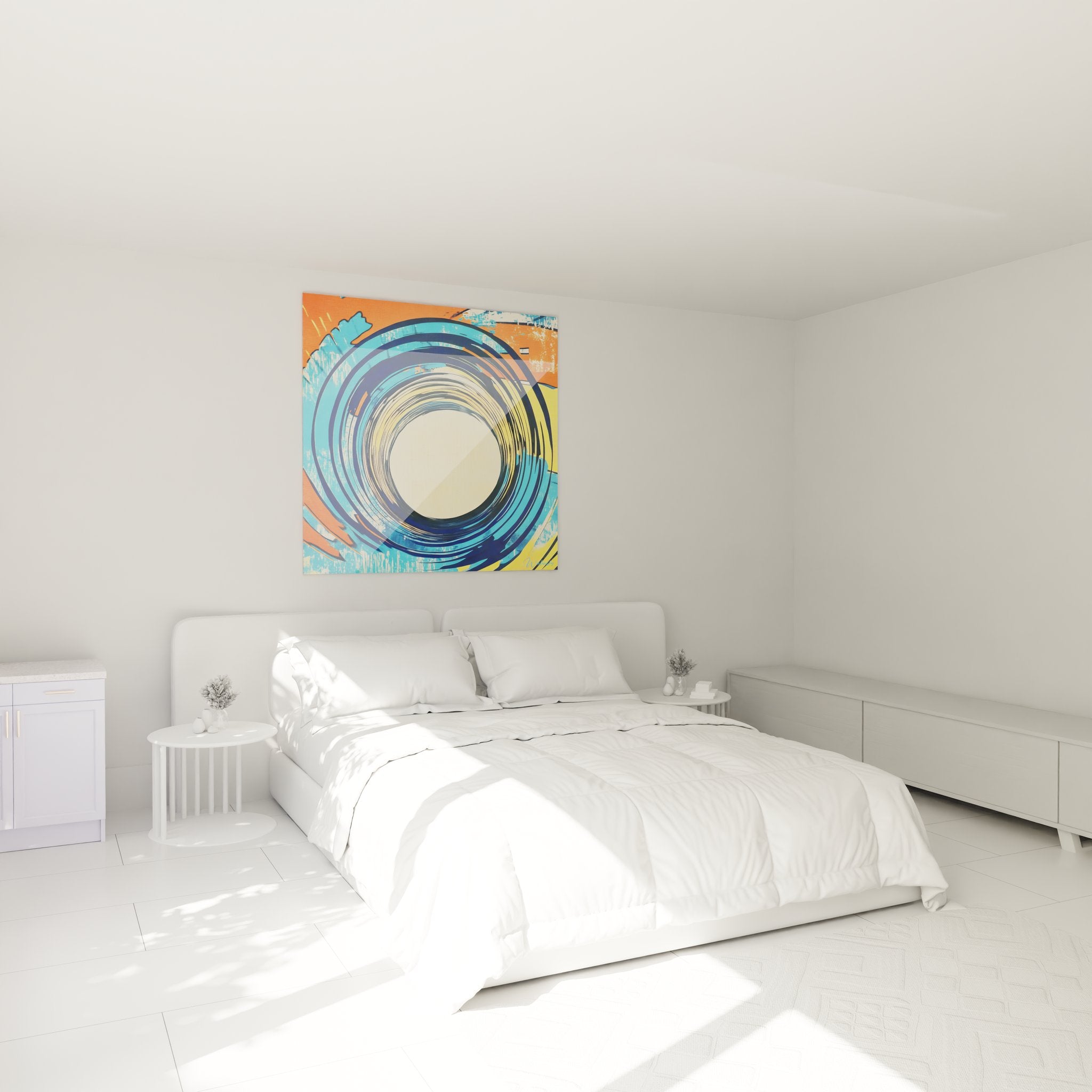 Ambiance chambre avec tableau spirale abstraite colorée créant atmosphère dynamique apaisante