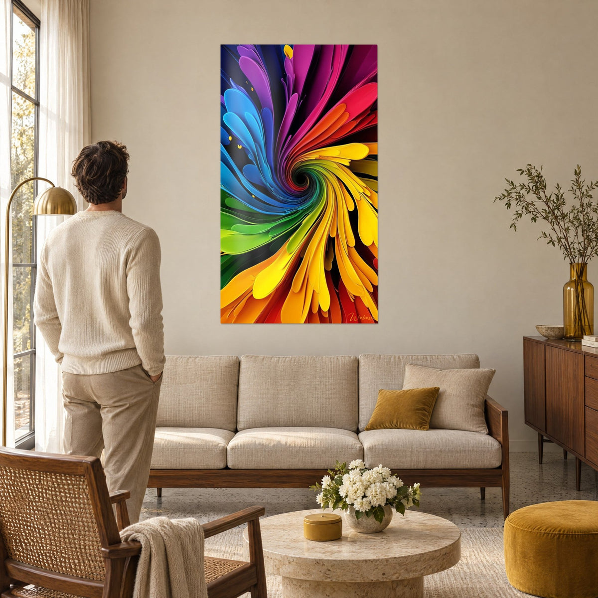Gemälde mit bunter Regenbogenwirbel und gelben und blauen Blütenblättern, ein Mann von hinten betrachtet es, über einem Sofa in einem hellen Wohnzimmer