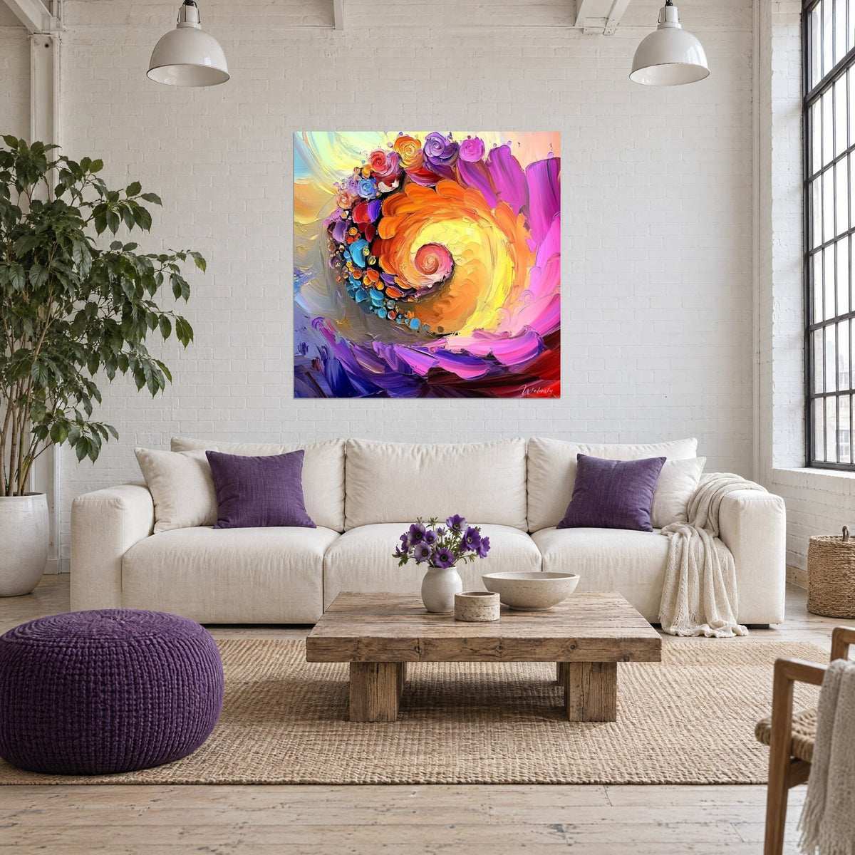 Wall art floral vortex in thick impasto, yellow and orange heart, fuchsia pink petals, above a sofa in a bright living room