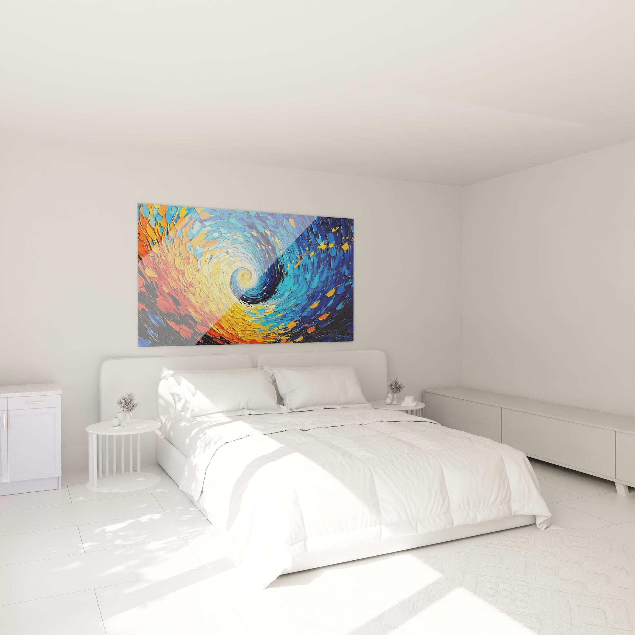 Ambiance chambre avec tableau spirale cosmique colorée décoration murale moderne