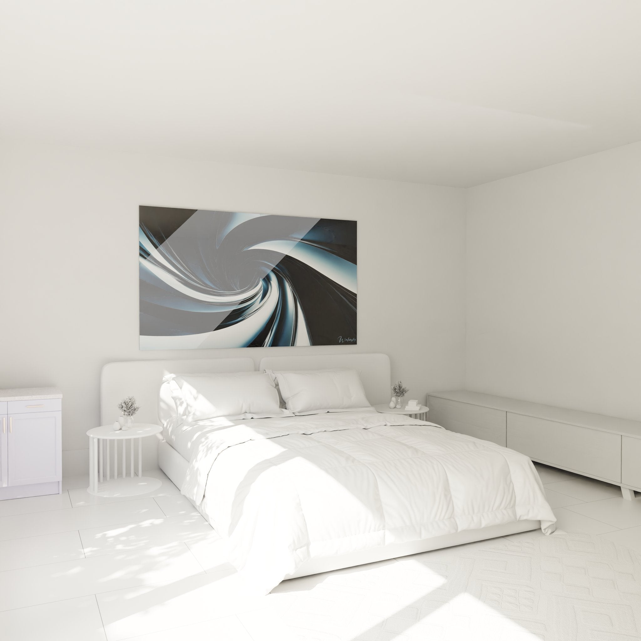 Ambiance chambre avec tableau spirale abstrait bleu créant une atmosphère contemporaine apaisante