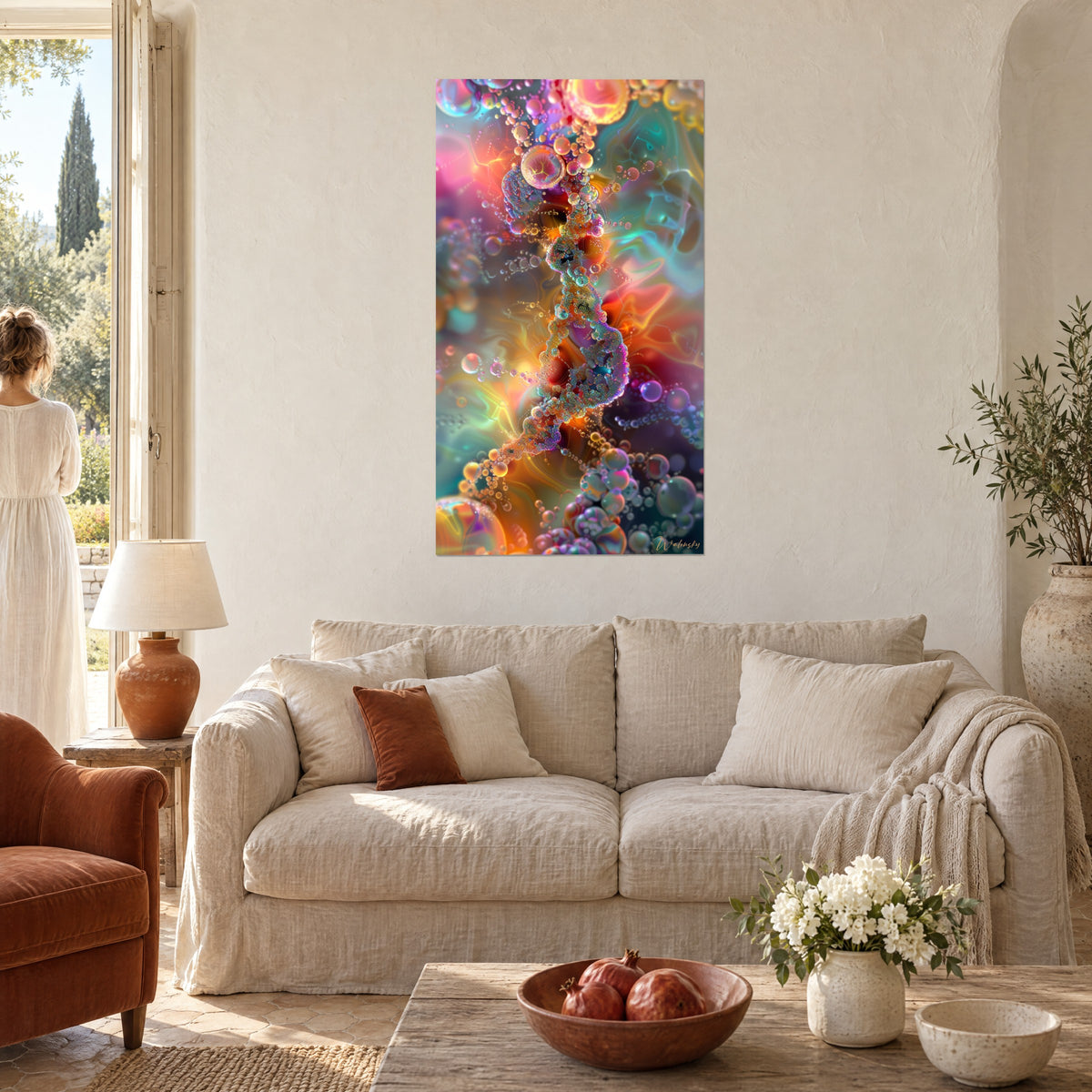 Wall art with an iridescent double helix of pearls in orange, pink and turquoise, a woman seen from behind above a sofa in a bright living room