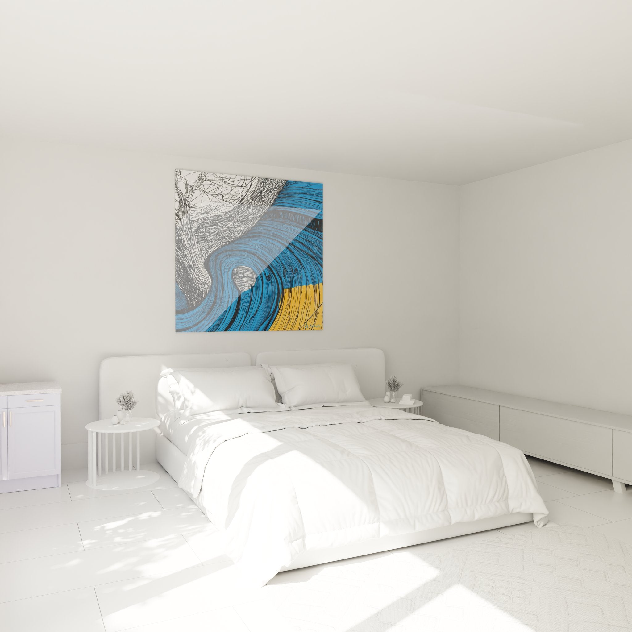 Ambiance chambre avec tableau vague spirale bleue abstraite créant décoration murale apaisante et moderne