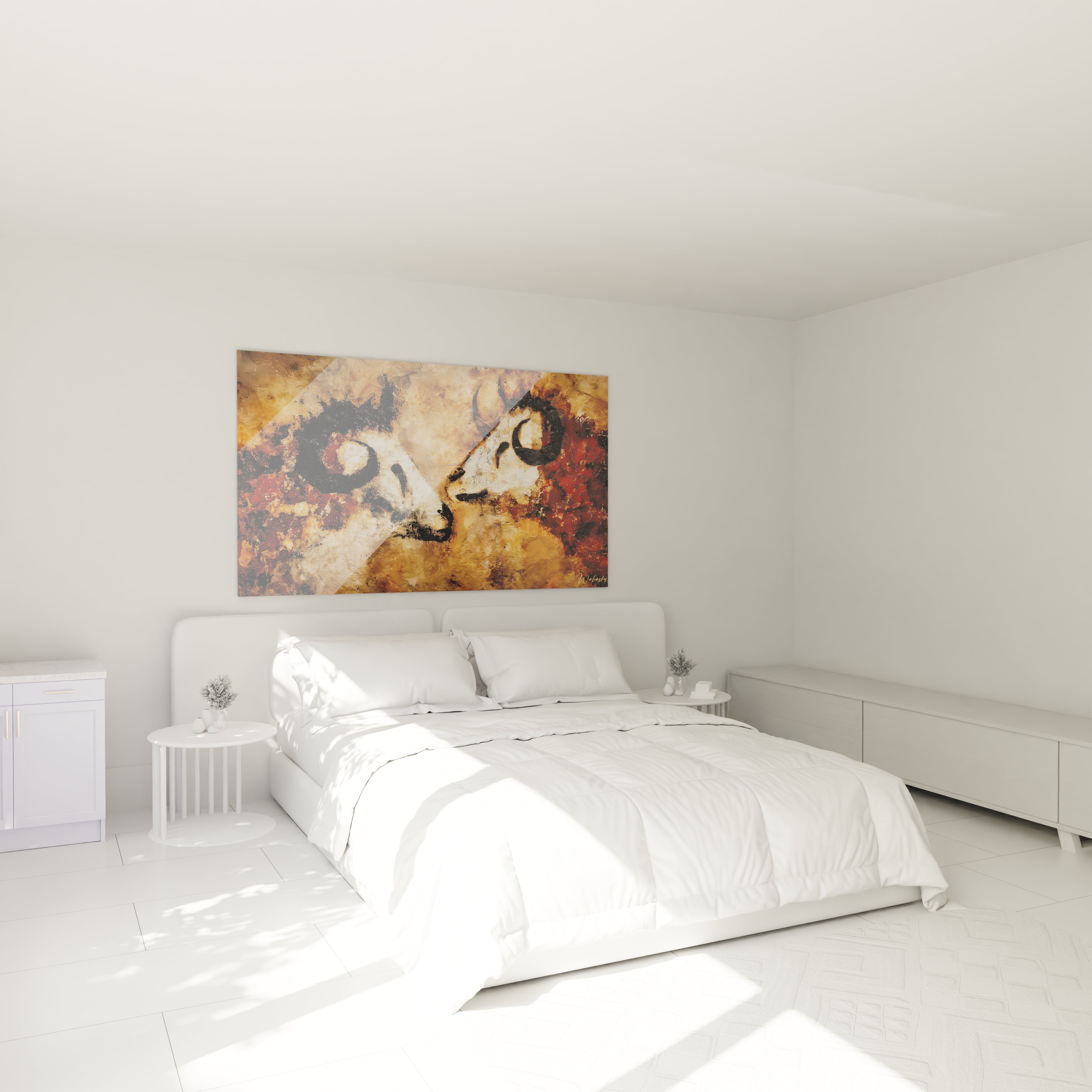 Ambiance chambre avec tableau taureaux primitifs art pariétal décoration murale préhistorique Lascaux moderne