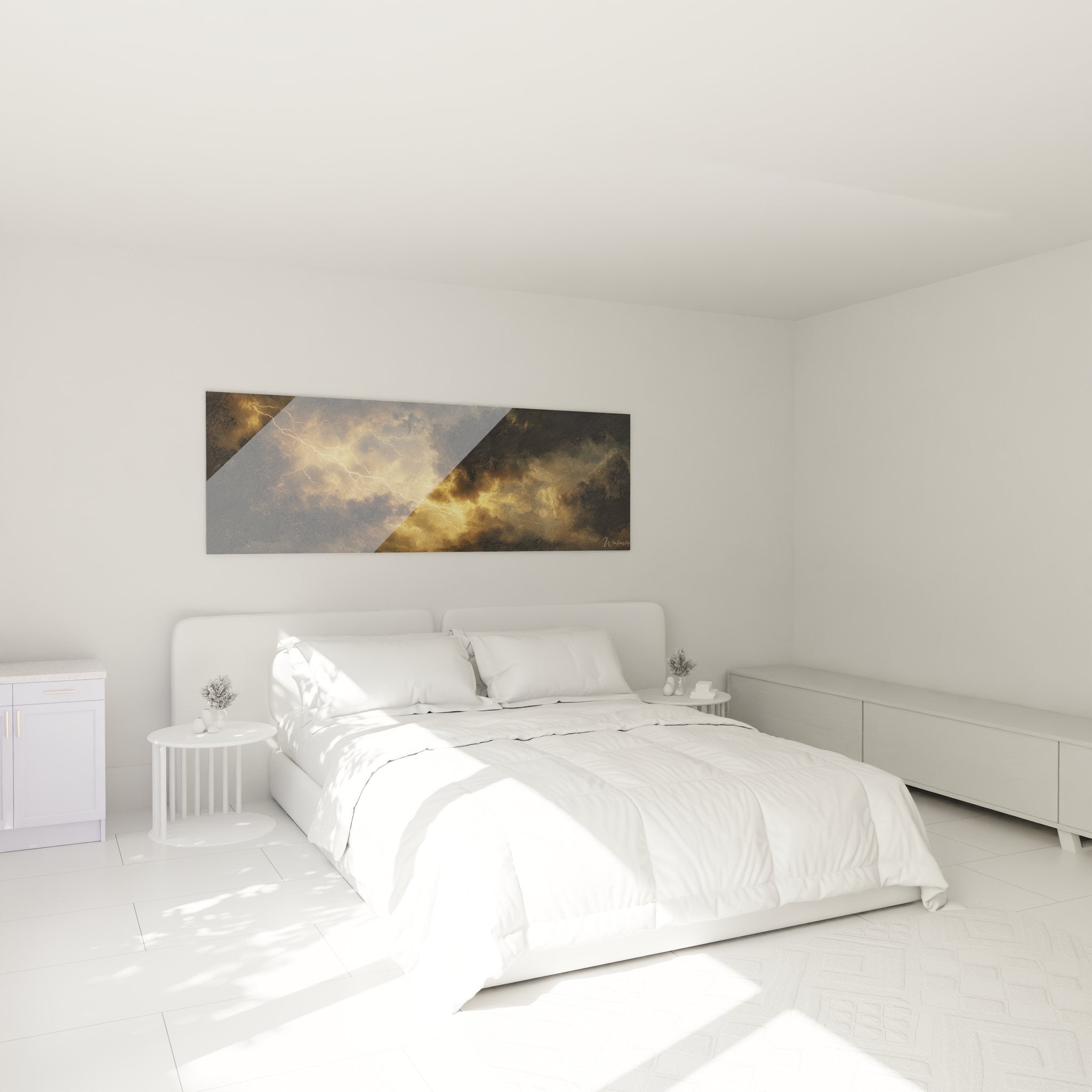 Ambiance chambre avec tableau tempête électrique dorée - décoration murale ciel orageux moderne