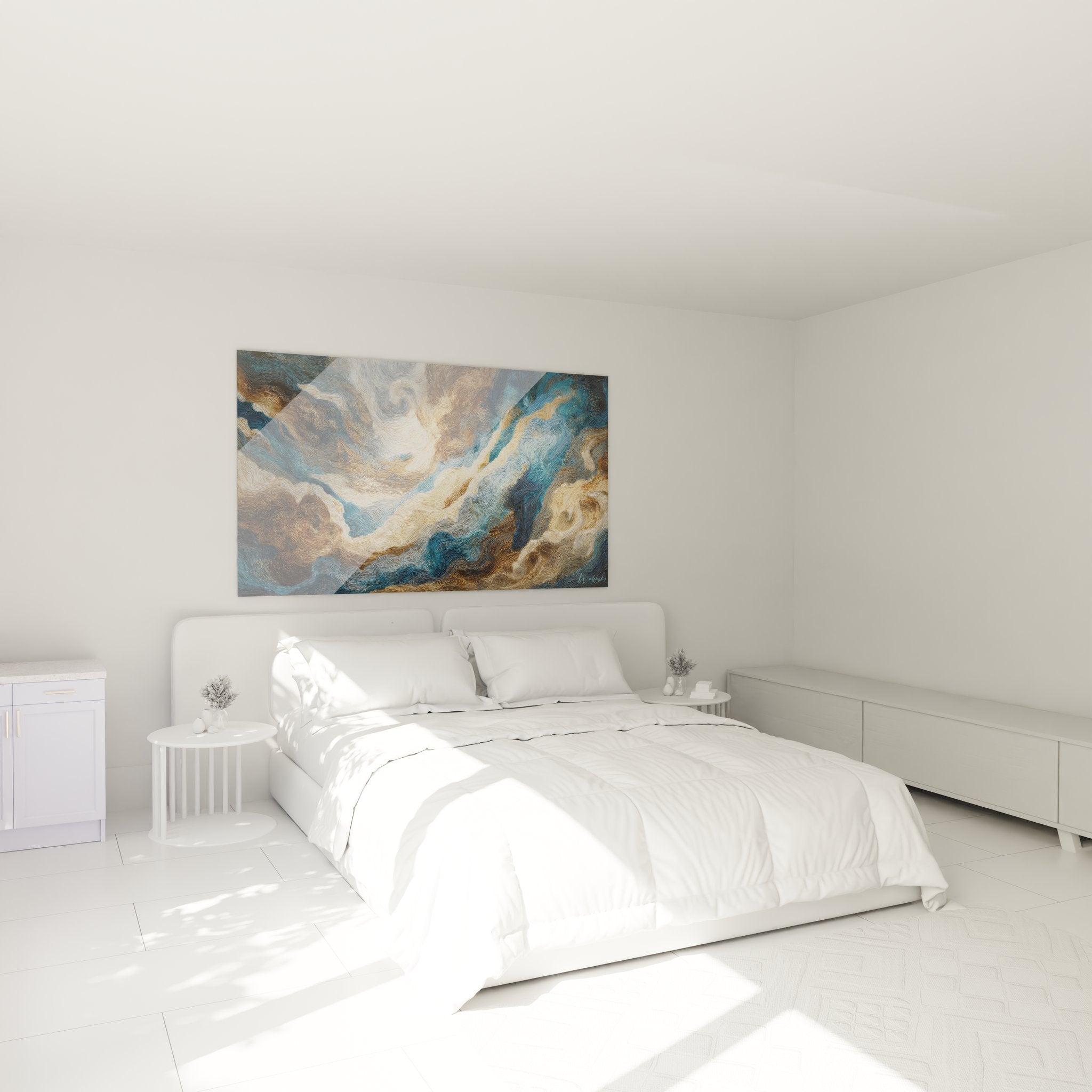 Ambiance chambre avec tableau tempête océanique abstraite décoration murale moderne