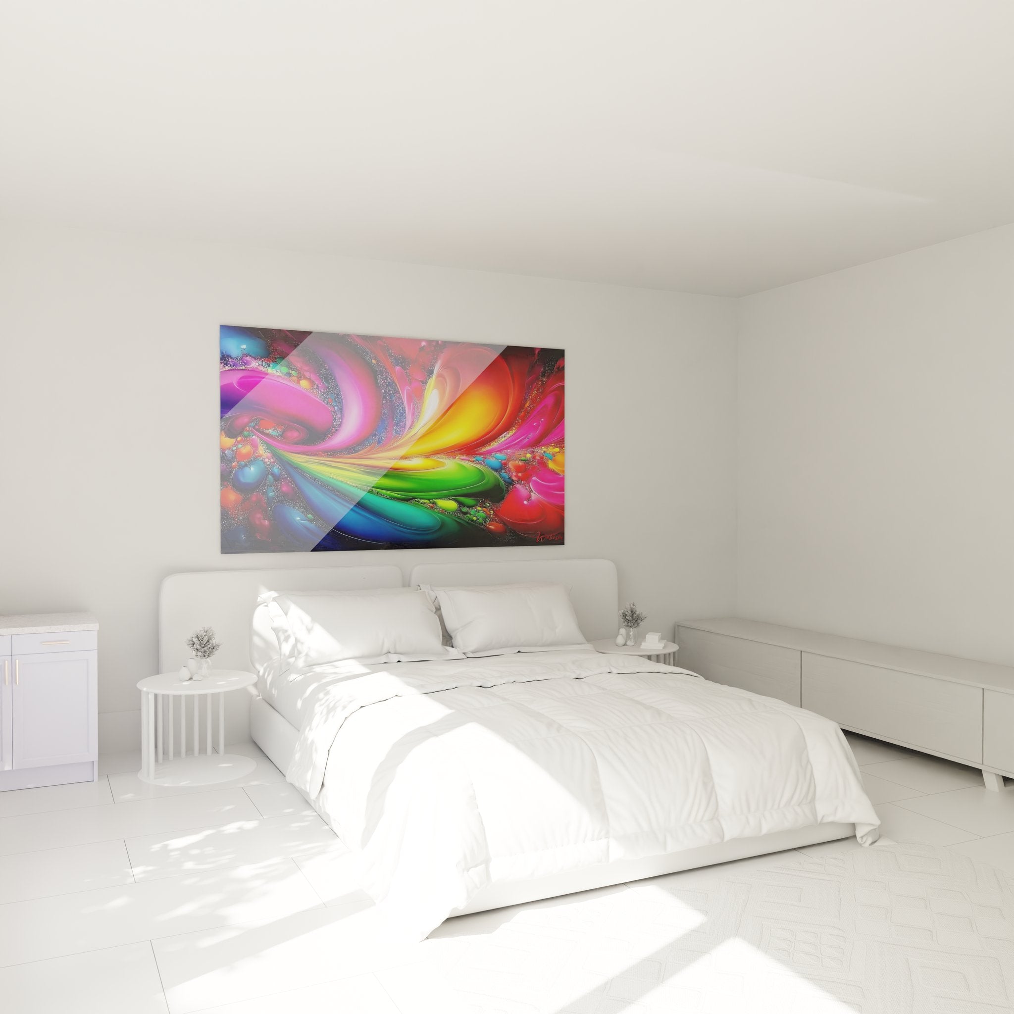 Ambiance chambre avec tableau tourbillon coloré abstrait créant une décoration moderne vibrante