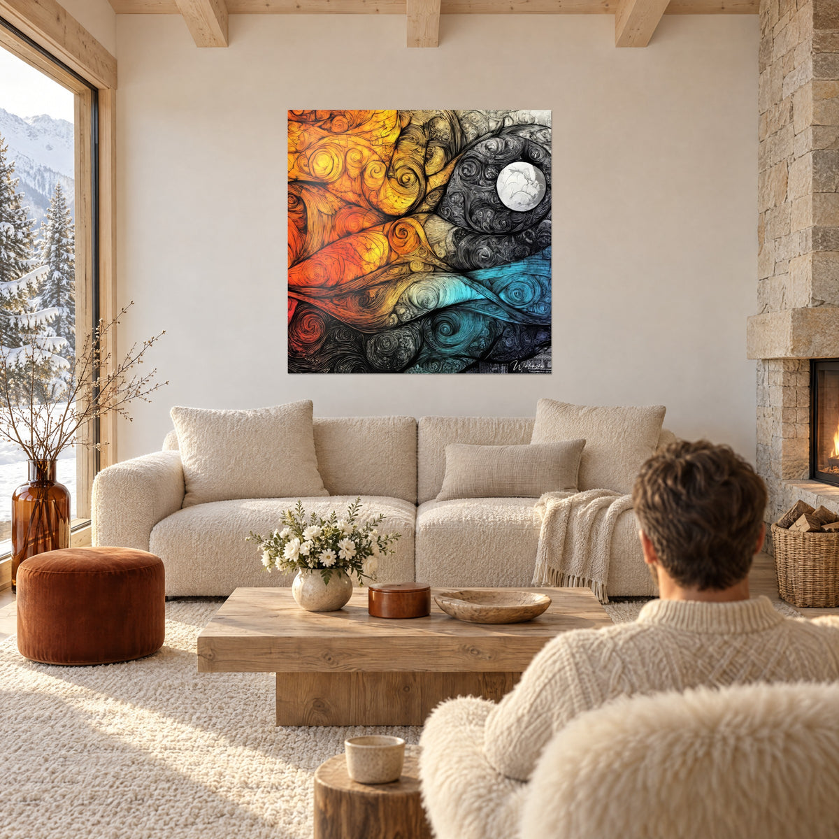 Quadro con vortici arancioni e neri attorno a una luna bianca, tratto inciso, sopra un divano in un soggiorno luminoso