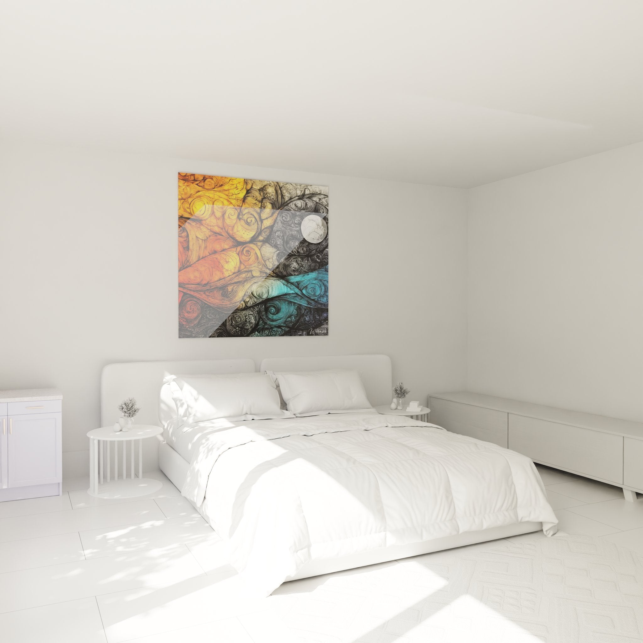 Ambiance chambre avec tableau tourbillons cosmiques dessin aux teintes chaudes et froides harmonieuses