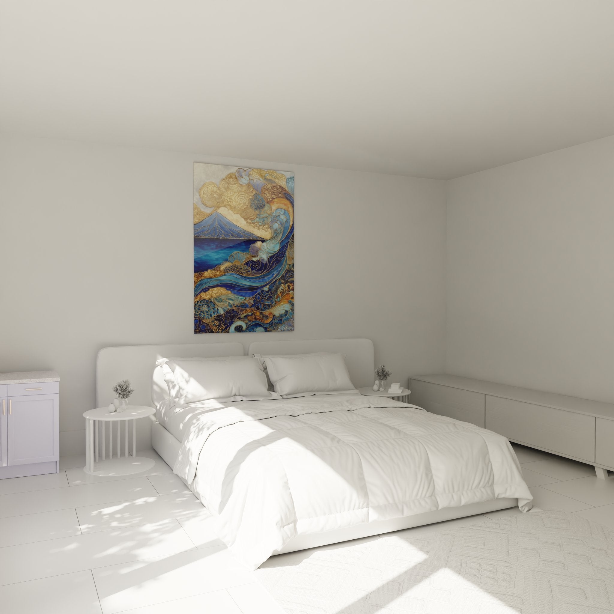 Ambiance chambre avec tableau vague stylisée art nouveau, décoration murale élégante aux tons bleus et dorés