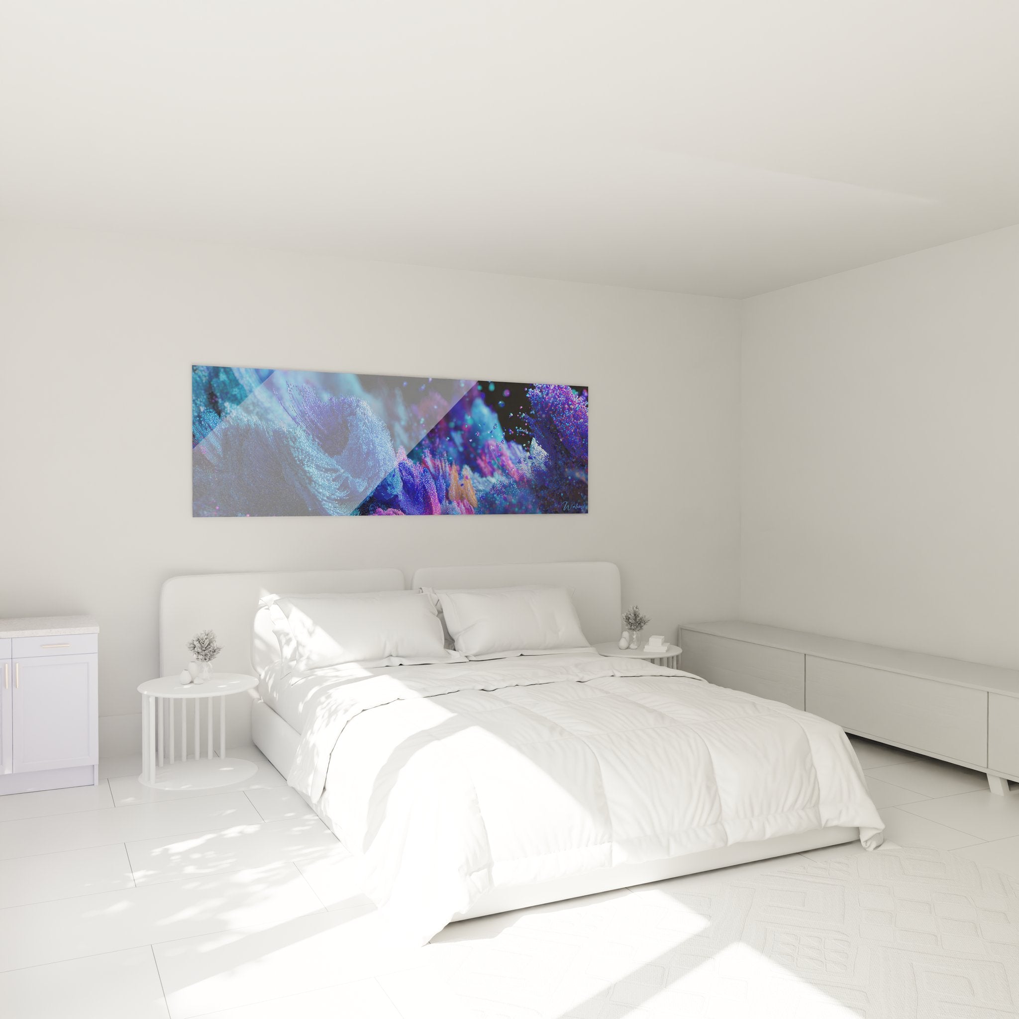 Ambiance chambre avec tableau vague cosmique bleue spirale galactique décoration murale futuriste