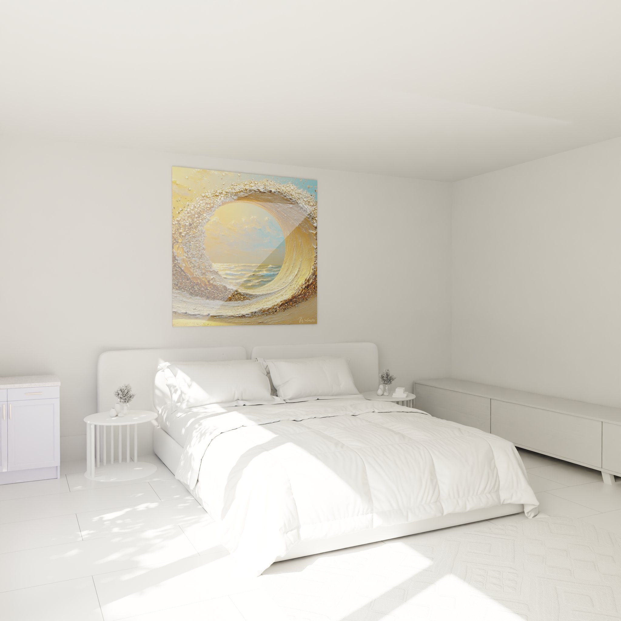Ambiance chambre avec tableau vague spirale dorée, décoration murale art océanique moderne