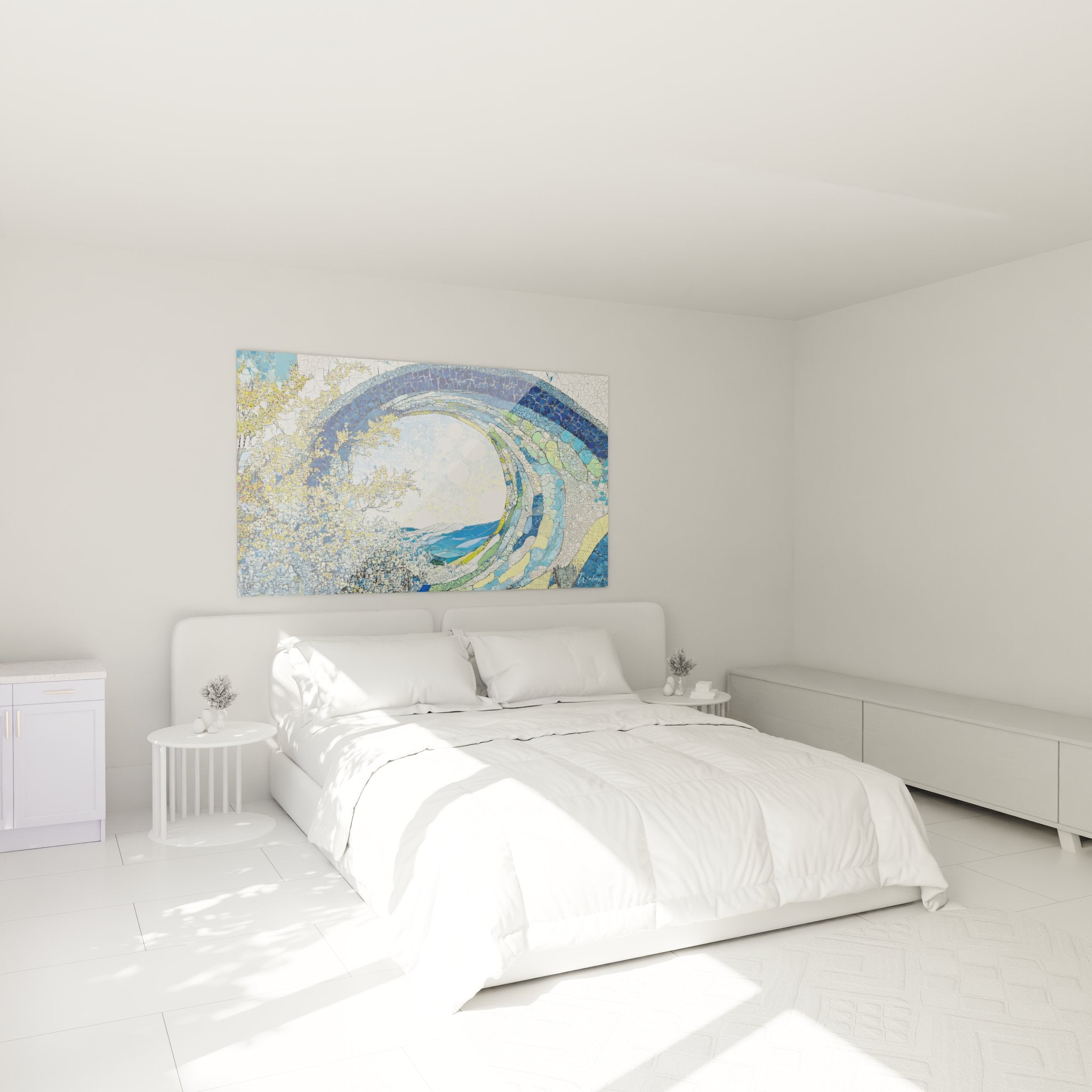 Ambiance chambre tableau vague marine spirale bleue décoration murale océanique moderne
