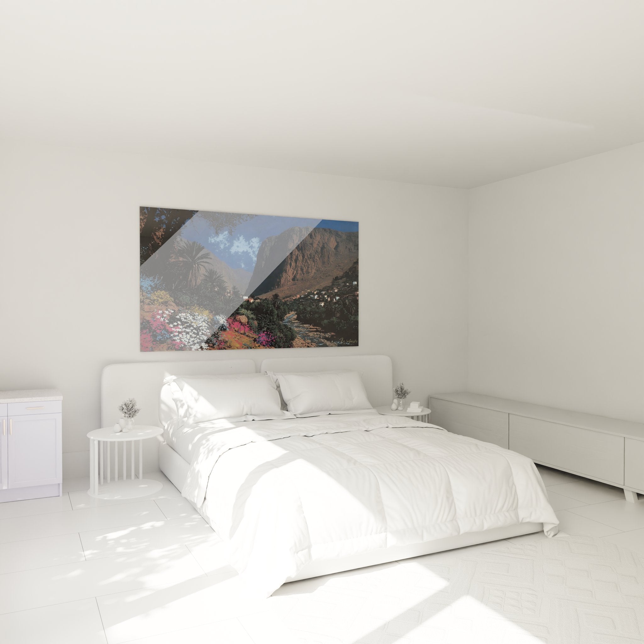 Ambiance chambre avec tableau vallée oasis gorges marocaines décoration murale moderne