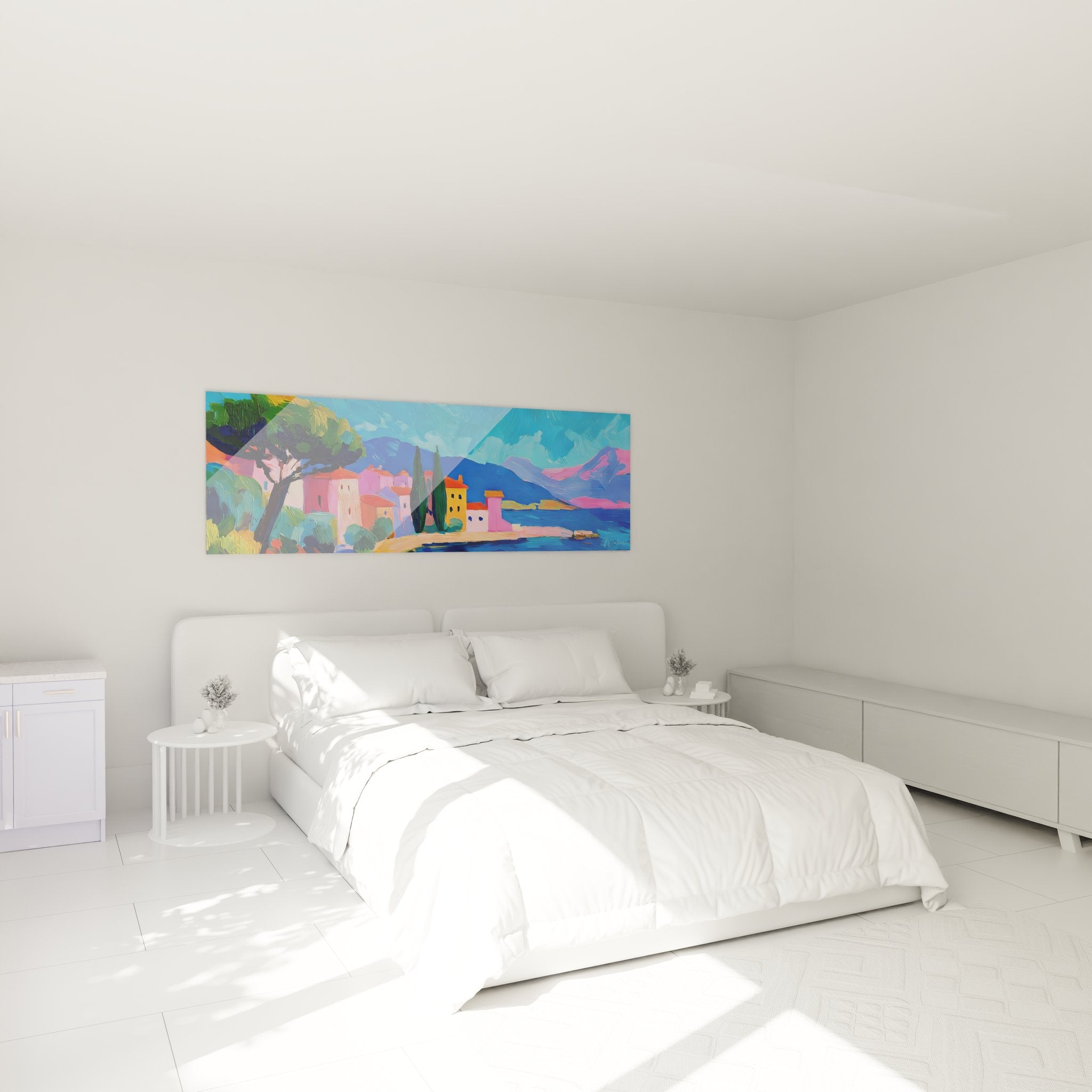 Ambiance chambre avec tableau décoratif village côtier méditerranéen aux couleurs vives