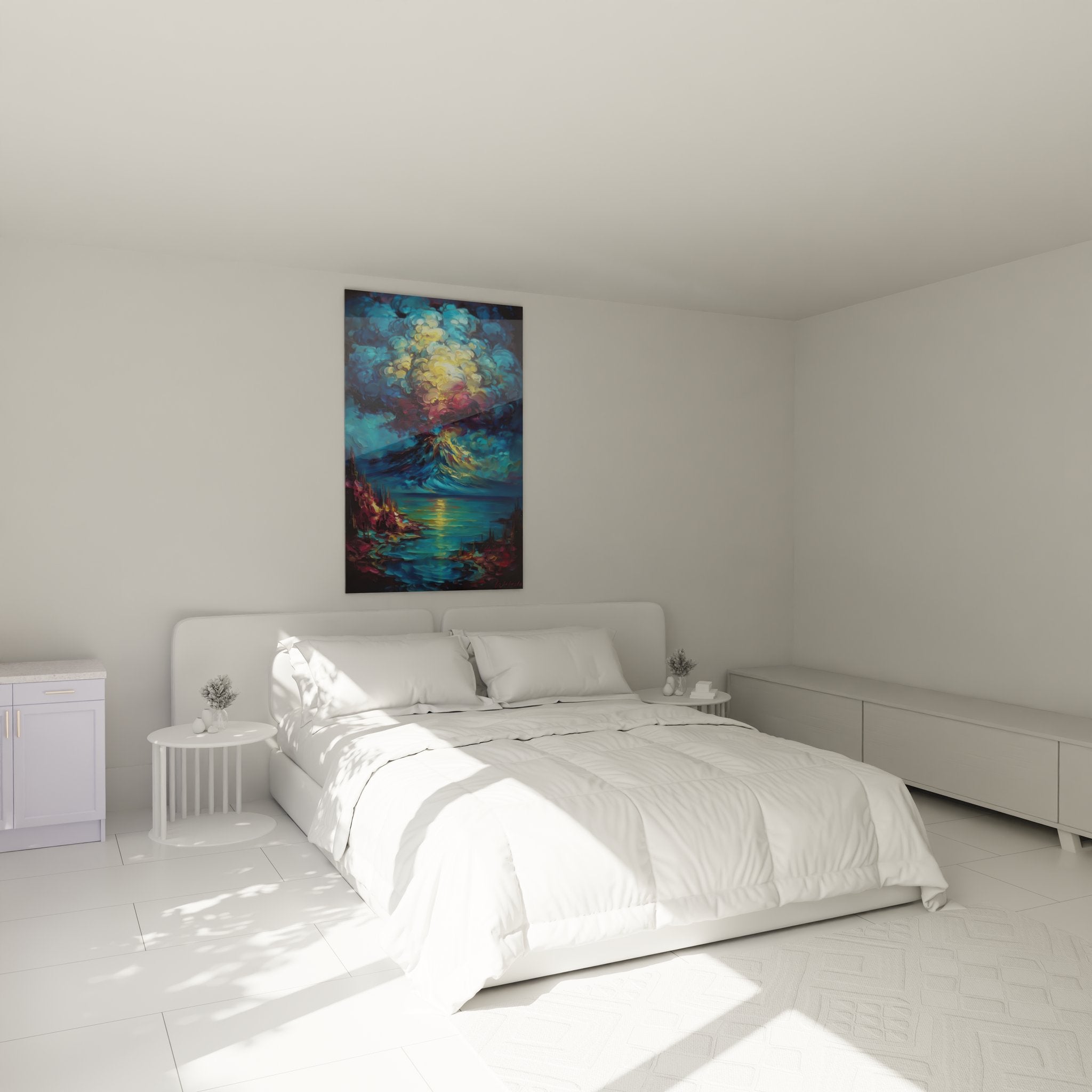 Ambiance chambre avec tableau volcan coloré créant une atmosphère artistique moderne